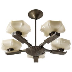 Bronze Art Deco Chandelier, 1930s, Ivory Glass
