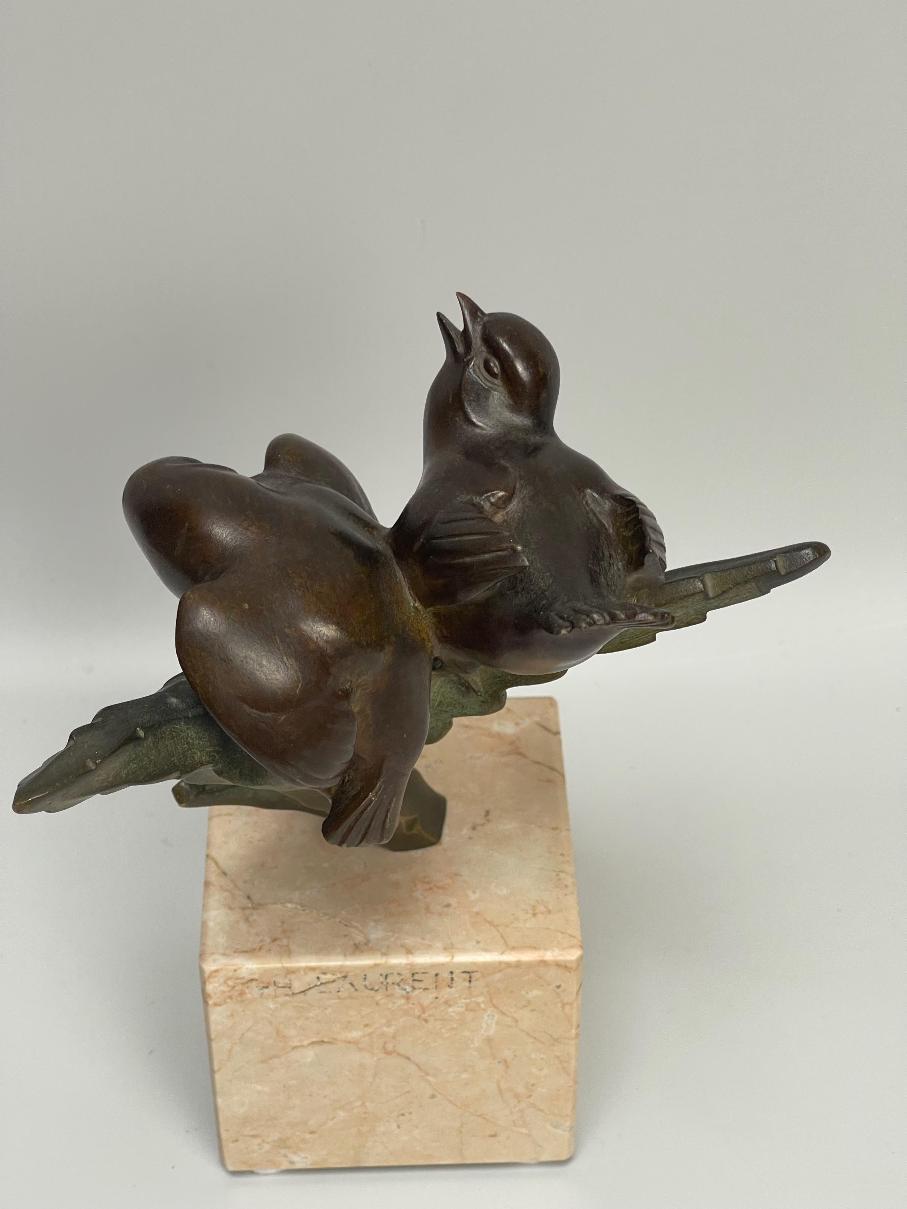Bronze Art Deco Couple Bird on Branch by Georges H Laurent 1