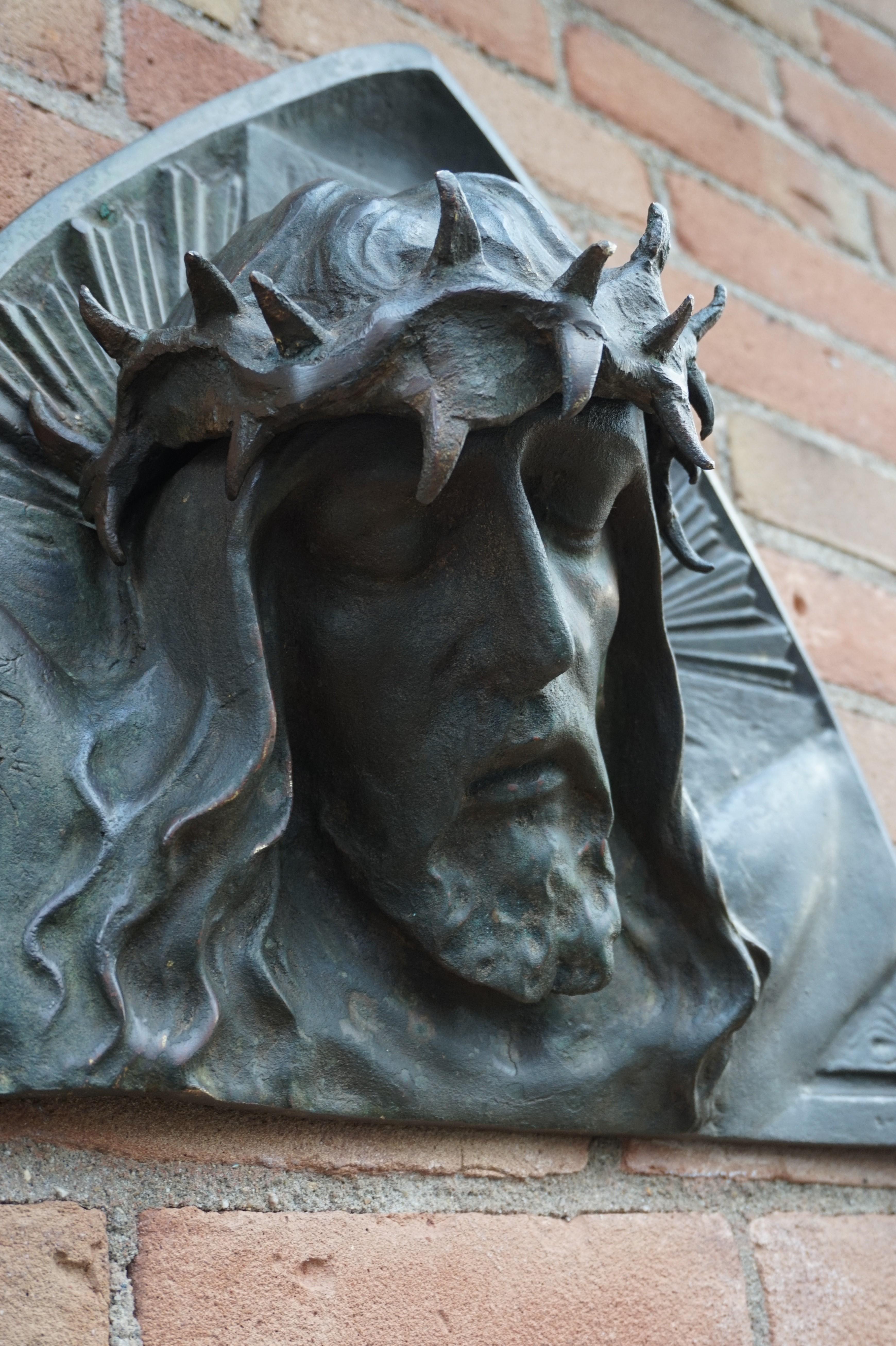 Bronze Art Deco Era Wall Sculpture of Christ with Crown of Thorns, Sylvain Norga 5