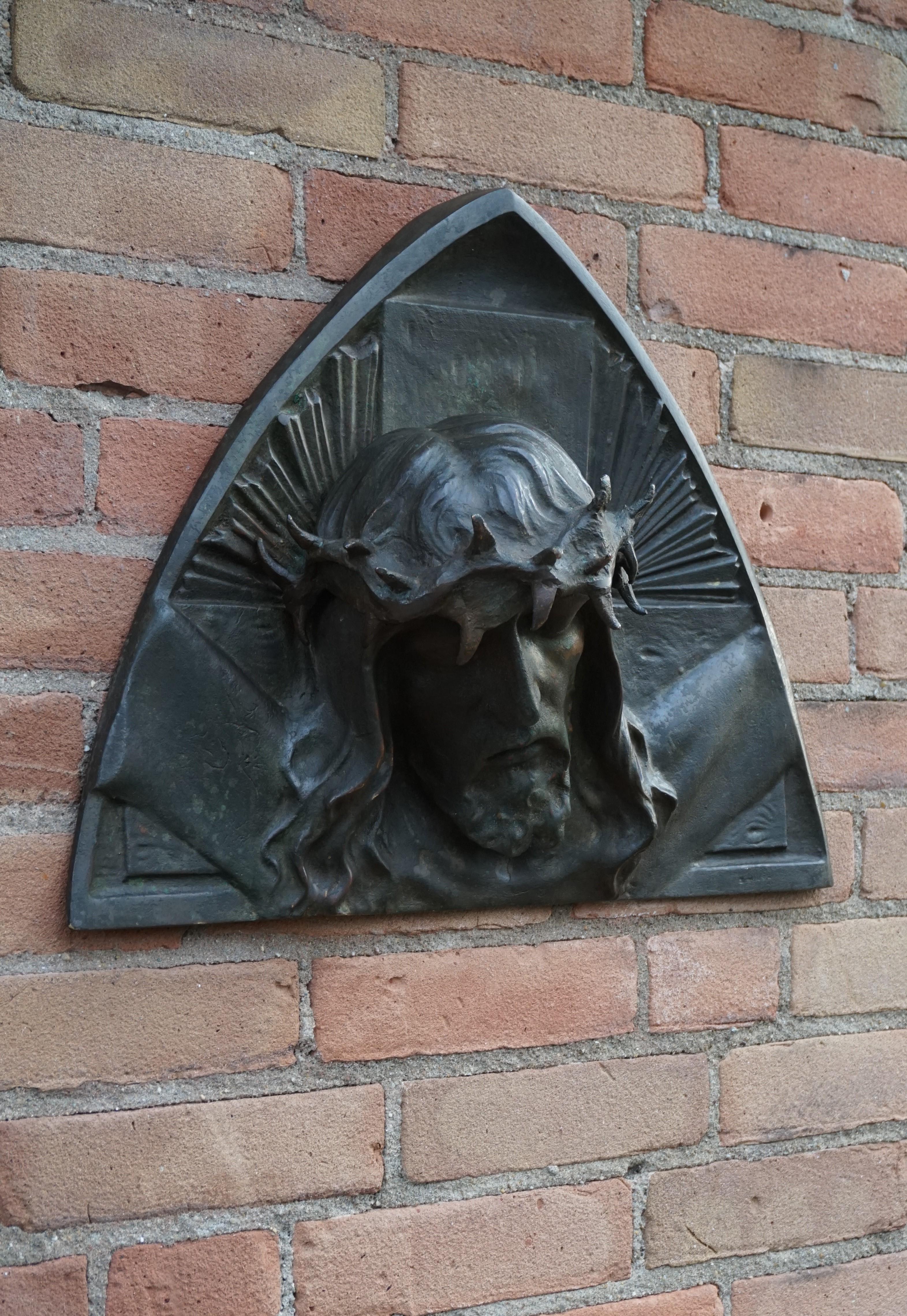 Bronze Art Deco Era Wall Sculpture of Christ with Crown of Thorns, Sylvain Norga 8