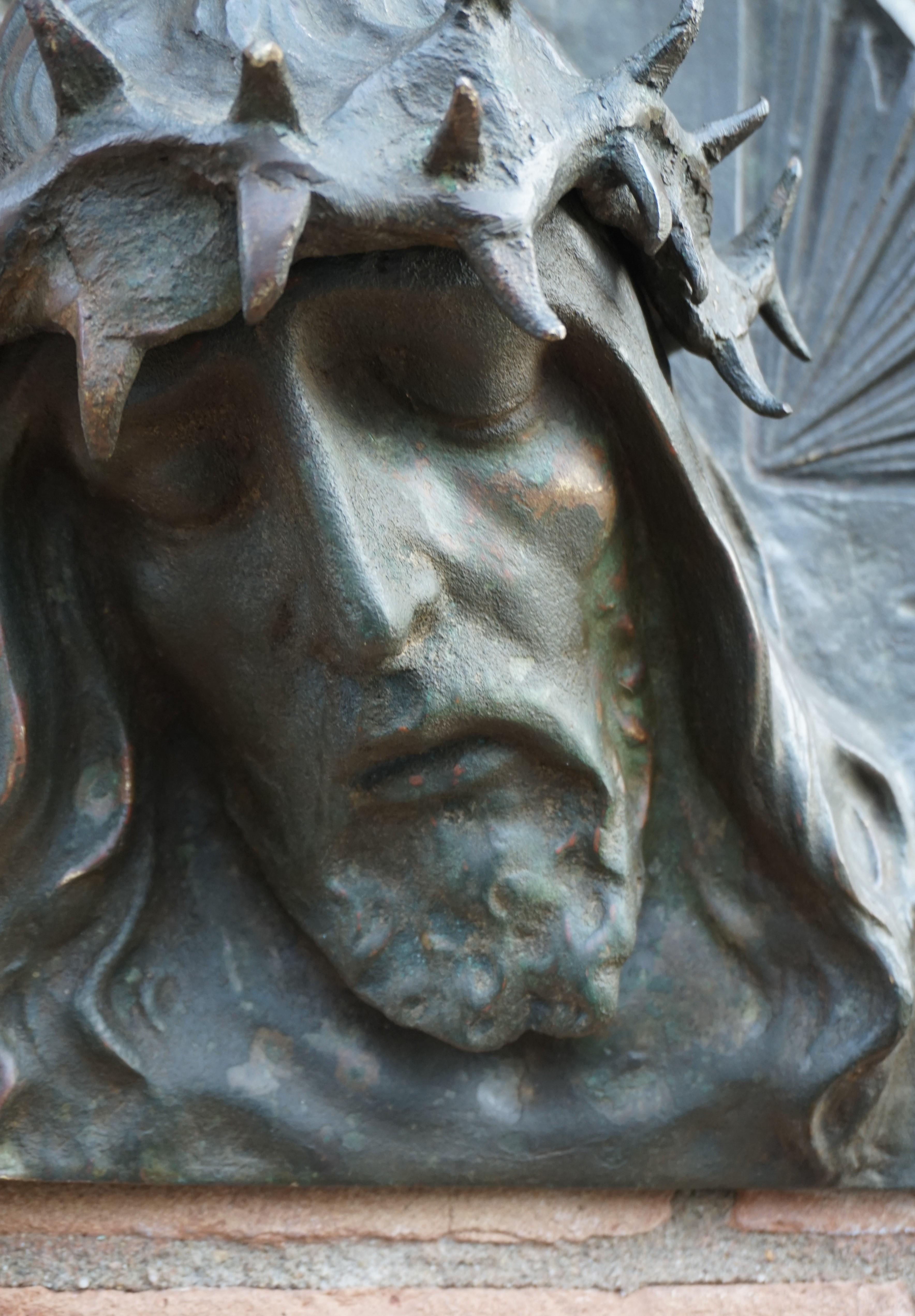 Belgian Bronze Art Deco Era Wall Sculpture of Christ with Crown of Thorns, Sylvain Norga