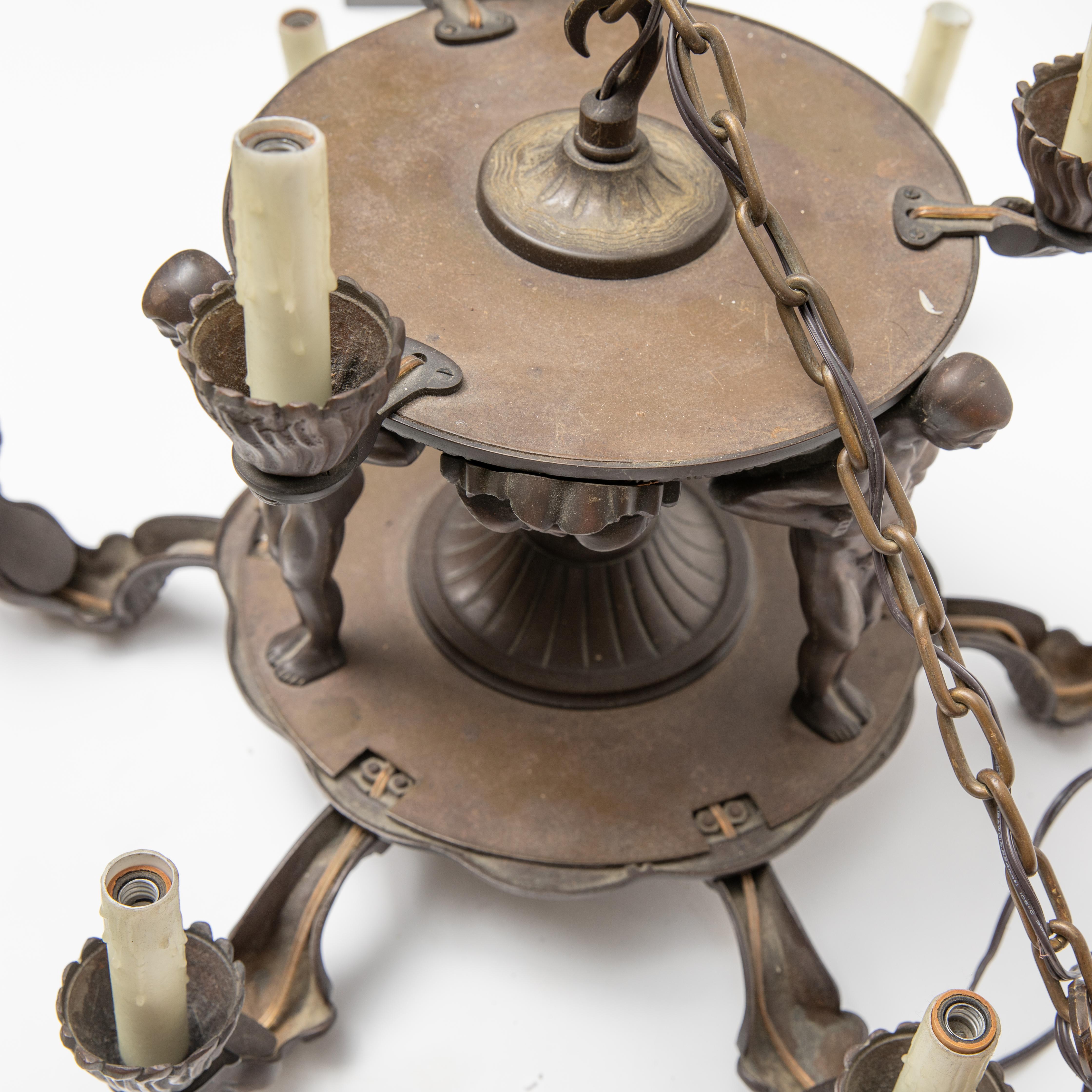 Exceptional Bronze Wiener Werkstätte, Gurschner-style Nine-light Chandelier In Good Condition In Hudson, NY