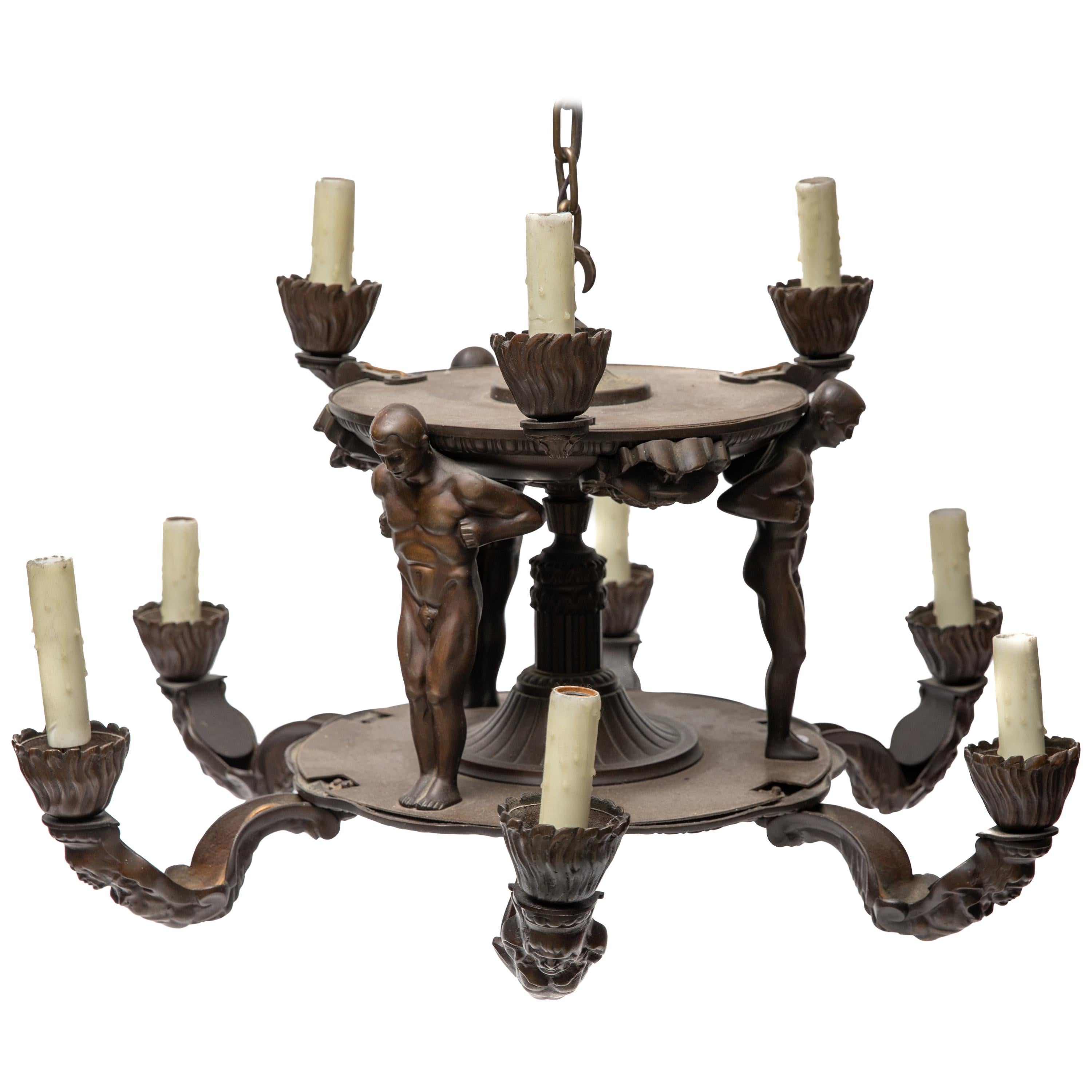 Exceptional Bronze Wiener Werkstätte, Gurschner-style Nine-light Chandelier