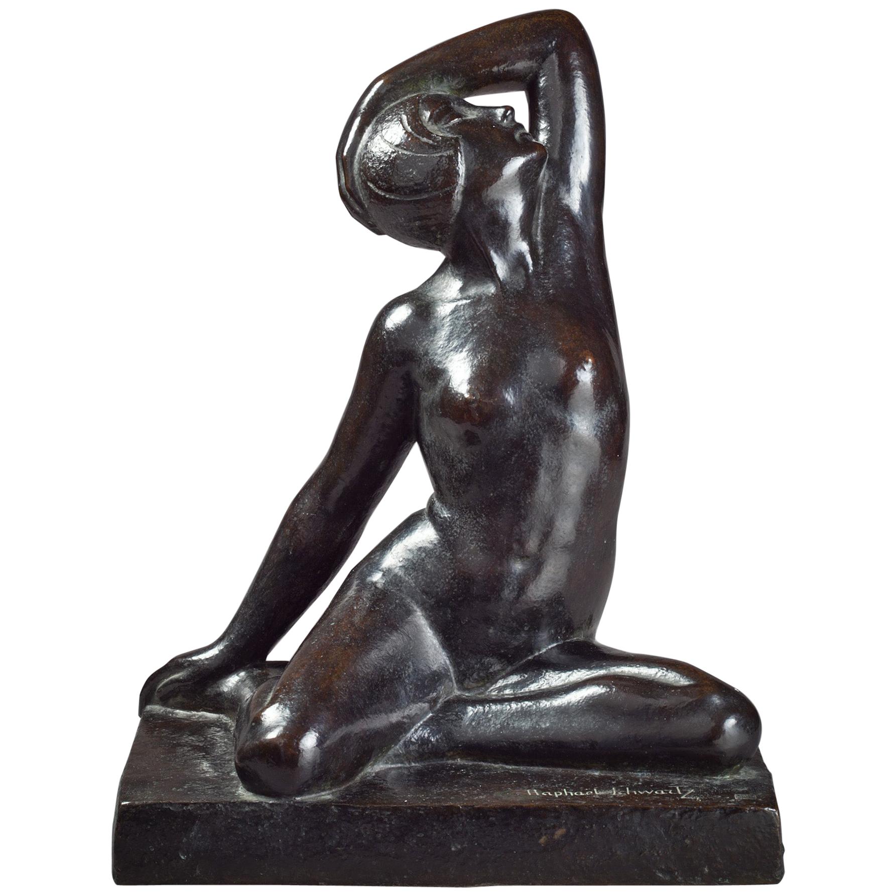 Figure en bronze Art Déco d'une femme nue, Raphael Schwartz « Russie 1874-1942 »