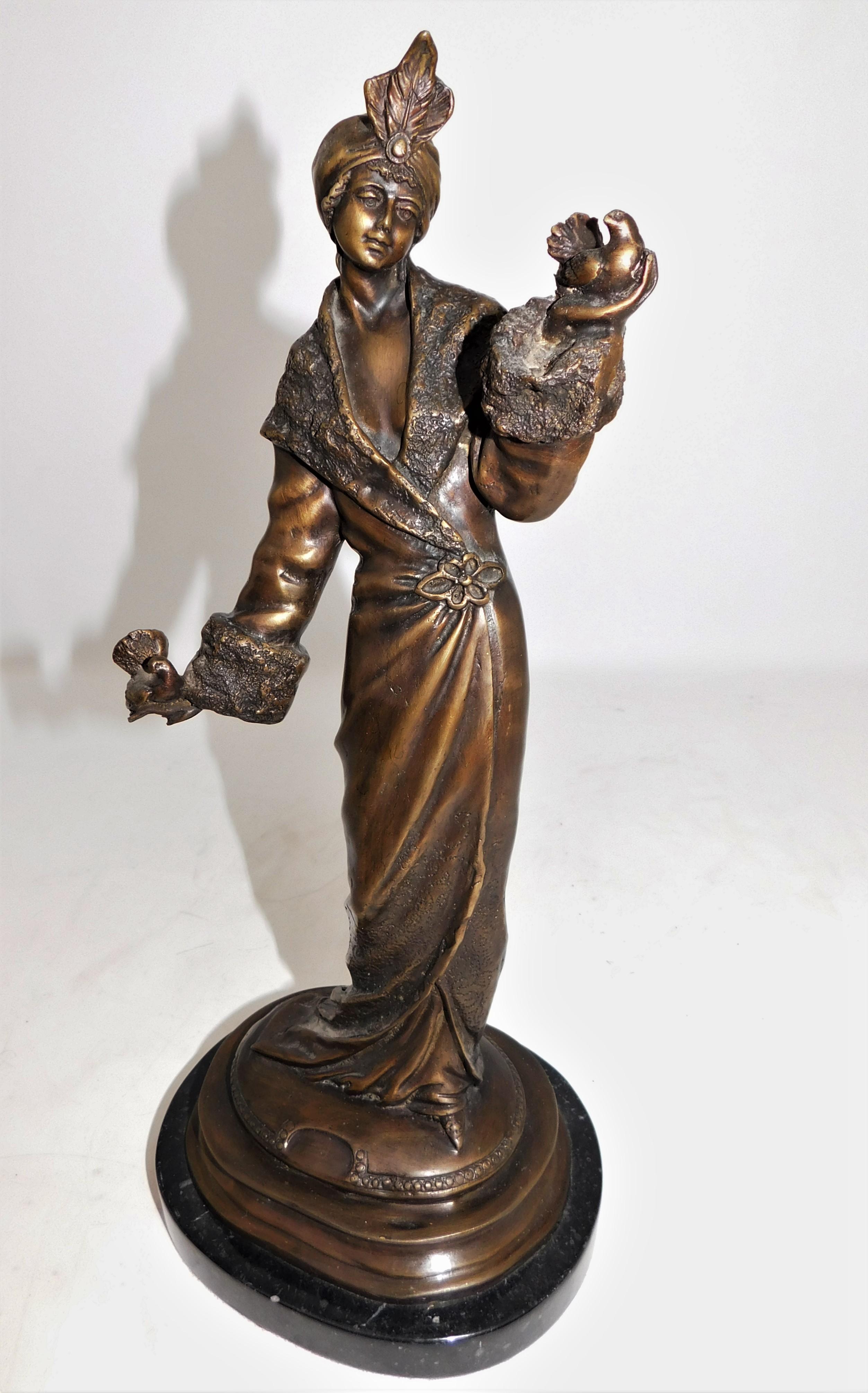 Bronze Art Deco Figurine Sculpture Woman with Doves in Flowing Dress on Marble For Sale 4