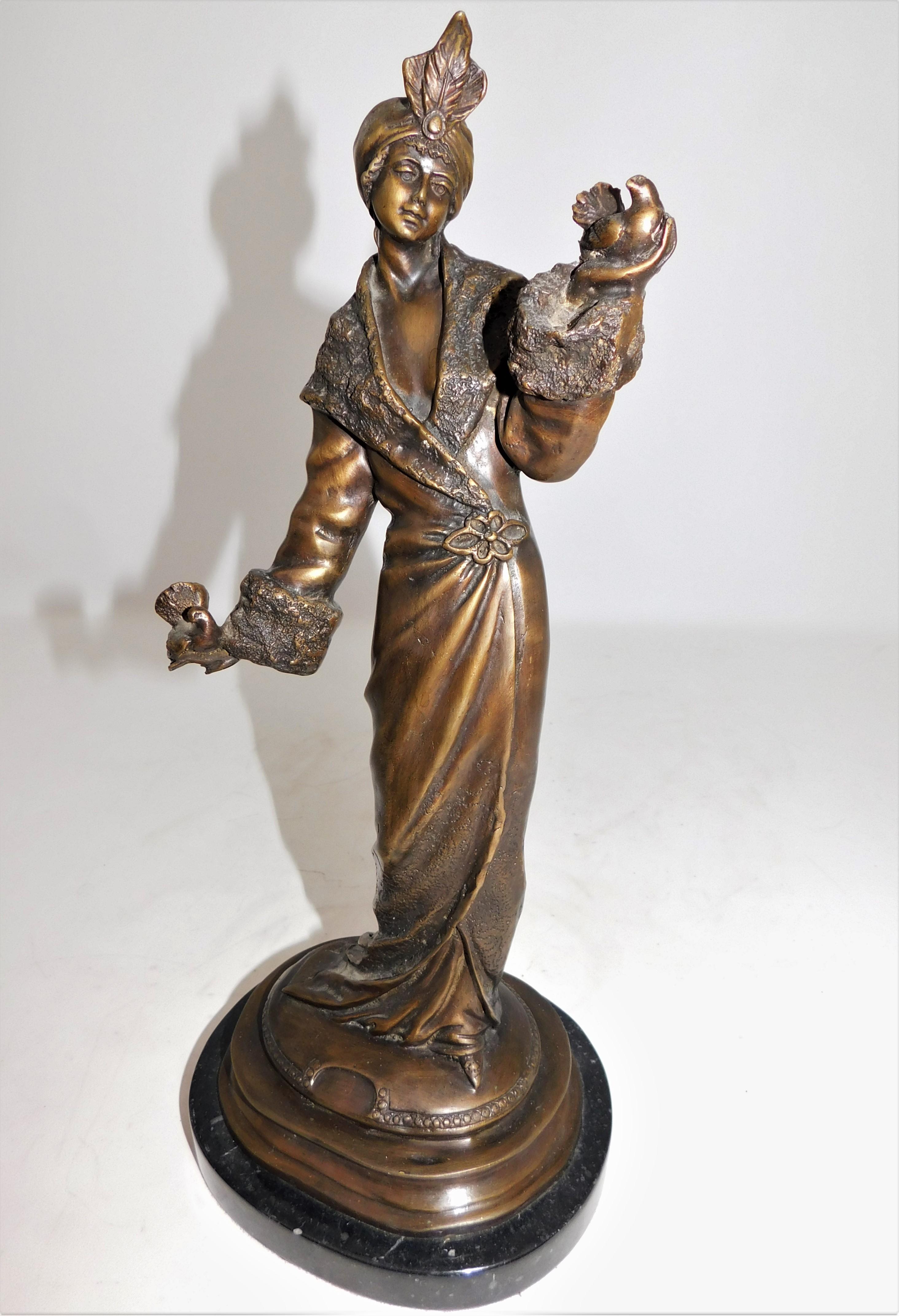 Bronze Art Deco Figurine Sculpture Woman with Doves in Flowing Dress on Marble For Sale 5