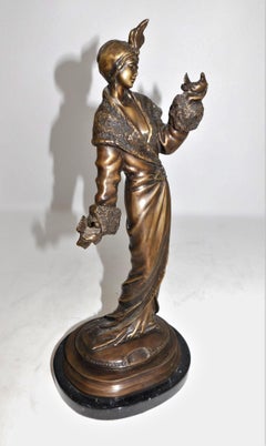 Bronze Art Deco Figurine Sculpture Woman with Doves in Flowing Dress on Marble