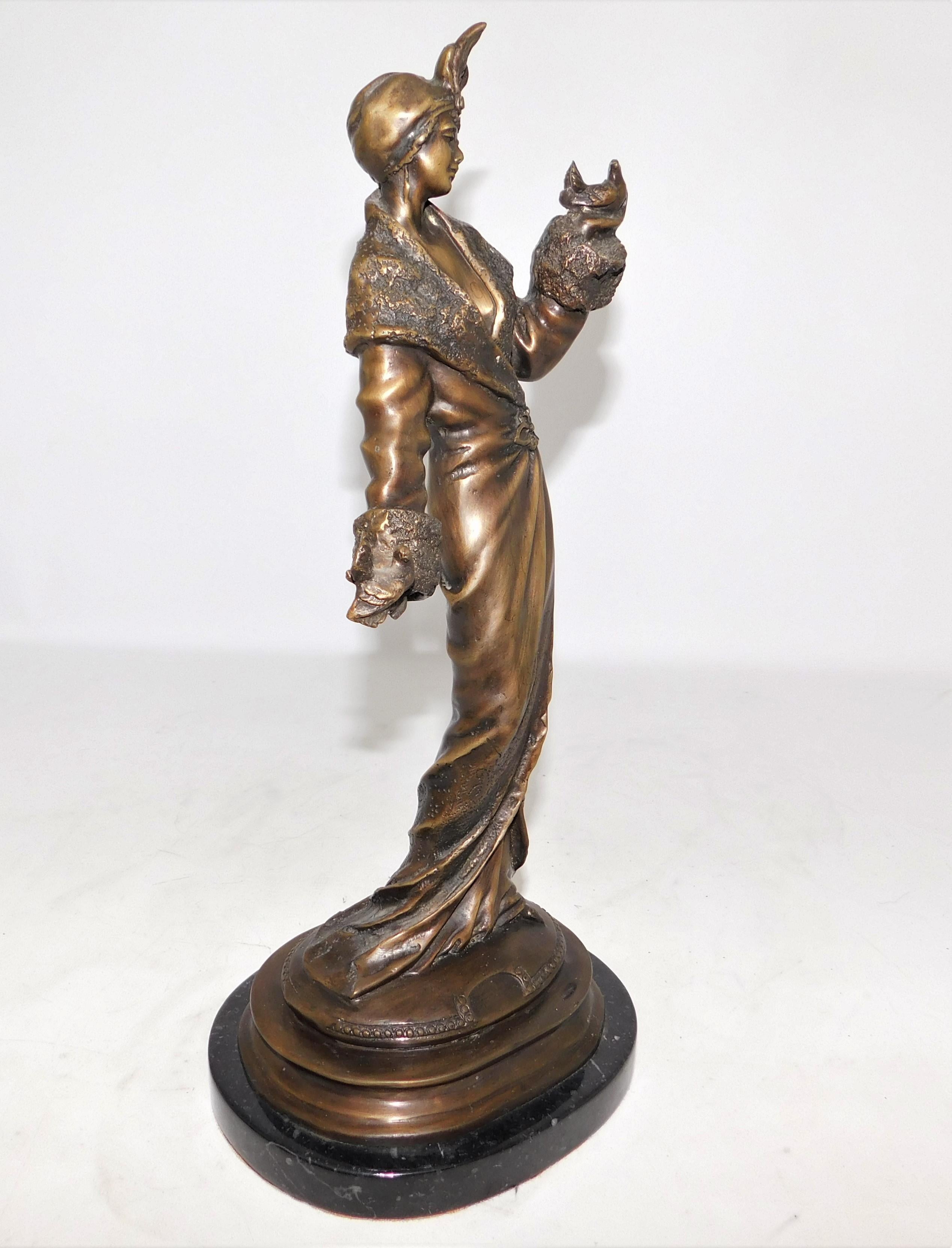 American Bronze Art Deco Figurine Sculpture Woman with Doves in Flowing Dress on Marble For Sale