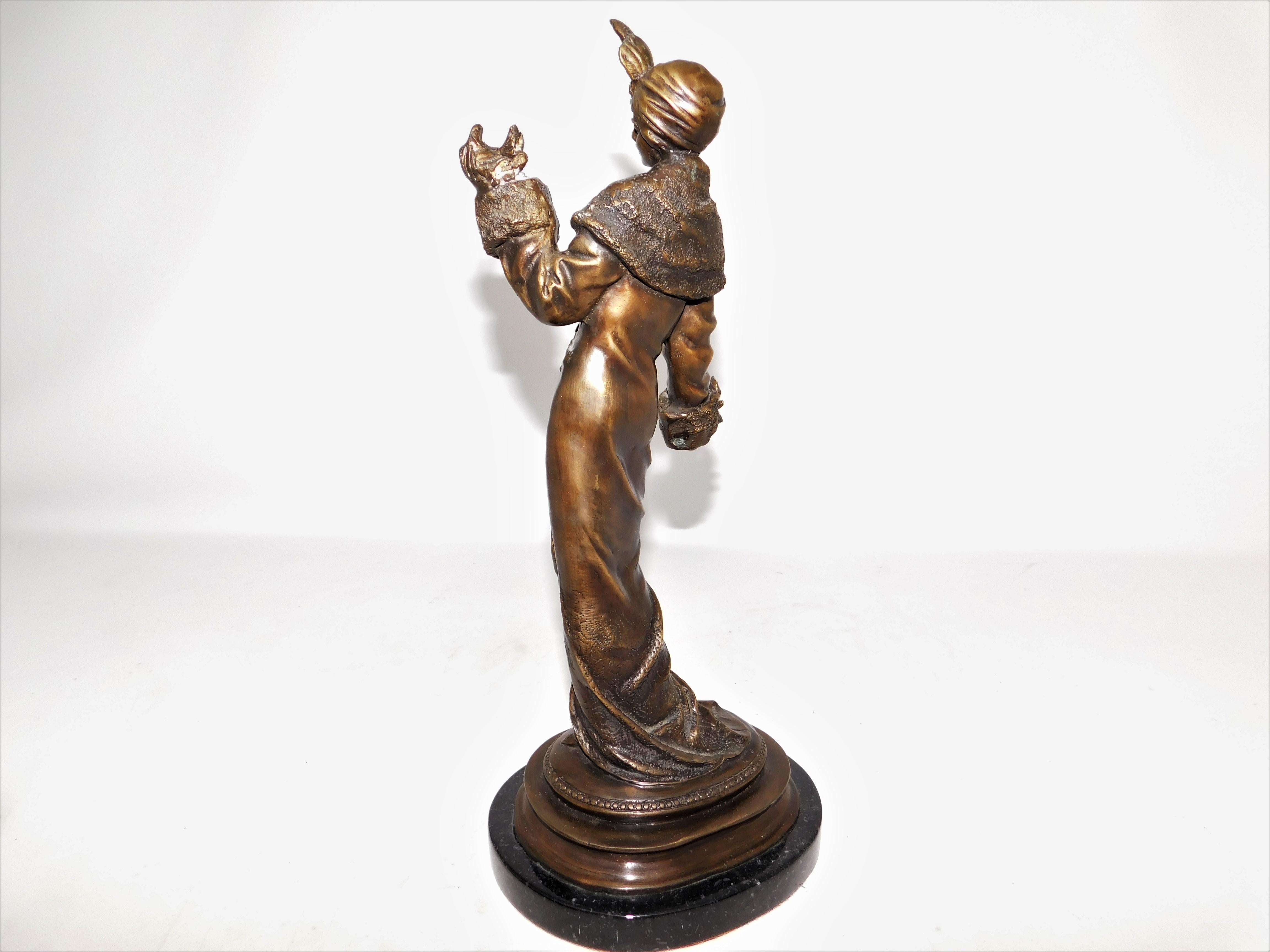 Early 20th Century Bronze Art Deco Figurine Sculpture Woman with Doves in Flowing Dress on Marble For Sale