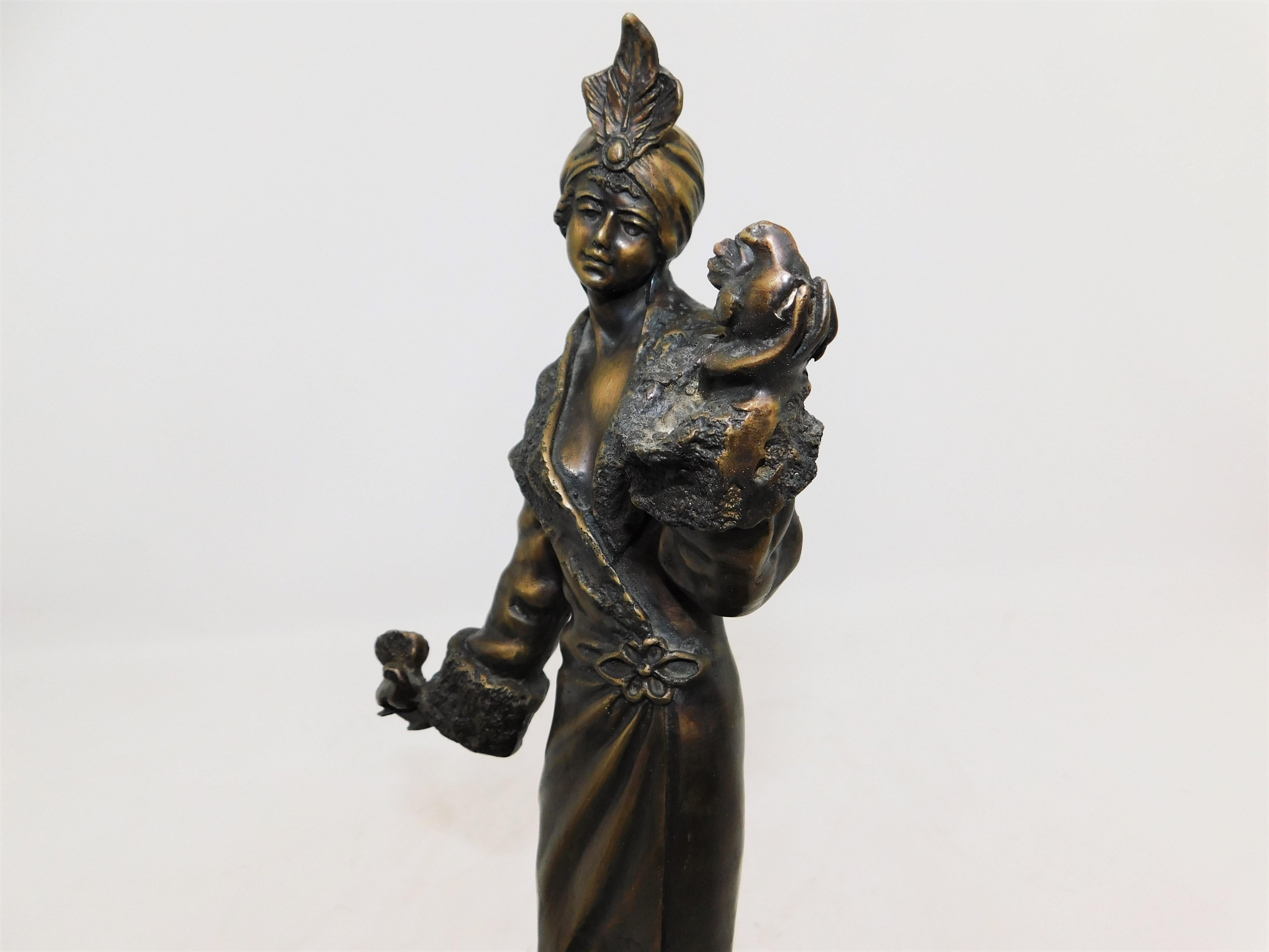 Bronze Art Deco Figurine Sculpture Woman with Doves in Flowing Dress on Marble For Sale 2