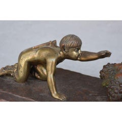 Bronze Art Deco Gilt Patina Young Girl with A Faun By Henry Fugère