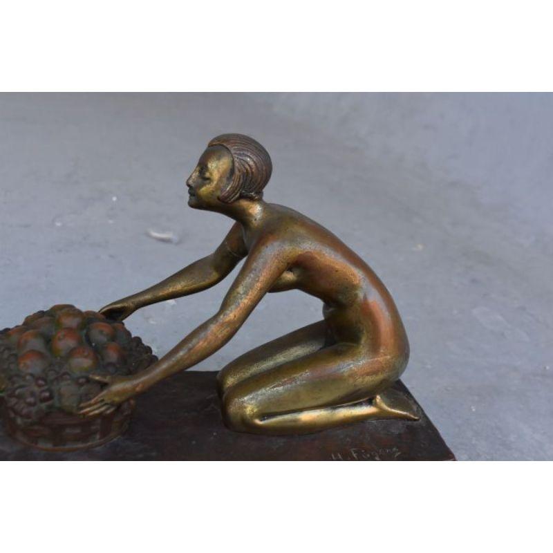 20th Century Bronze Art Deco Gilt Patina Young Girl with A Faun By Henry Fugère For Sale