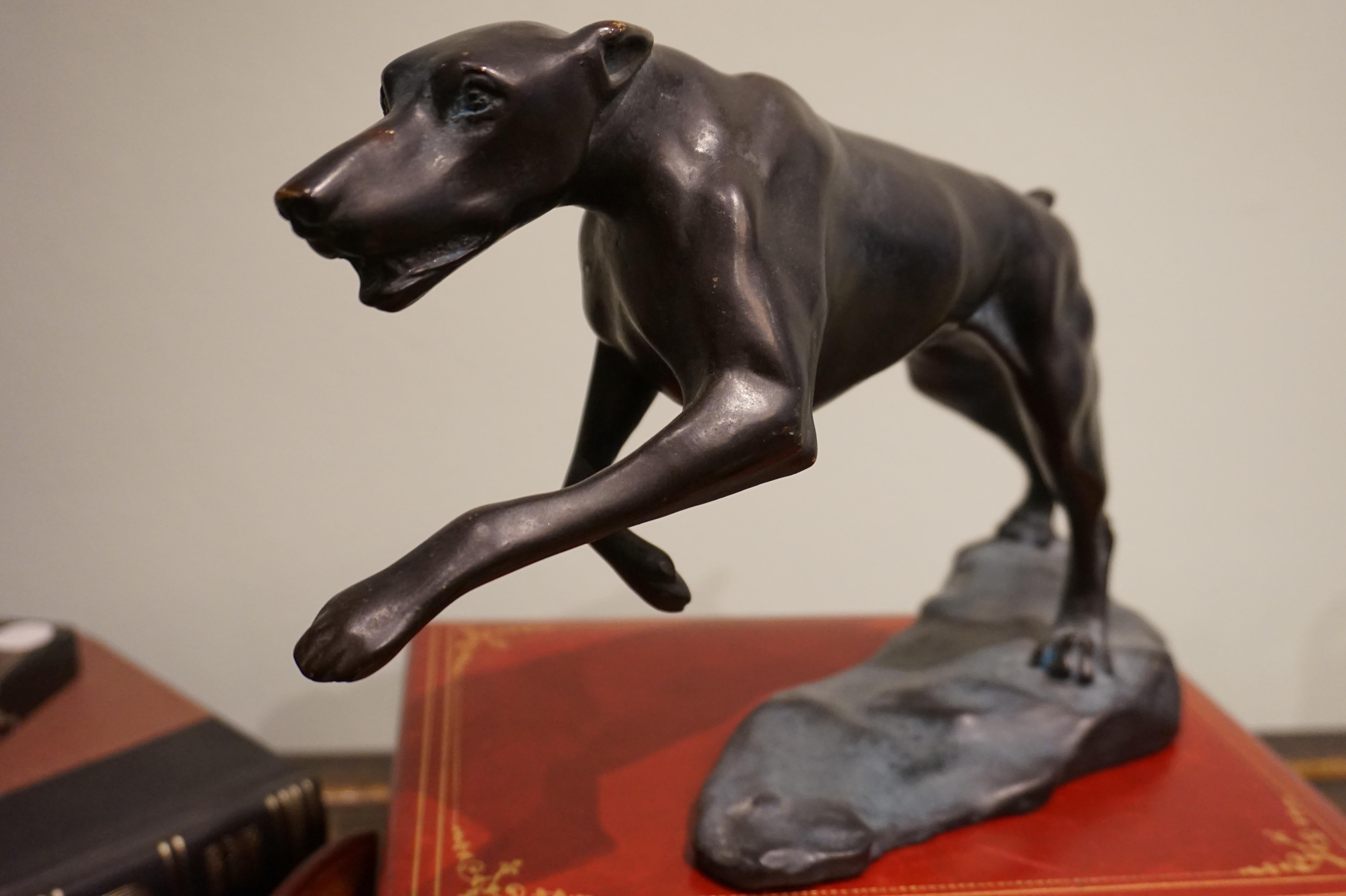 Bronze Art Deco Leaping Hound on Stand In Good Condition For Sale In Vancouver, British Columbia