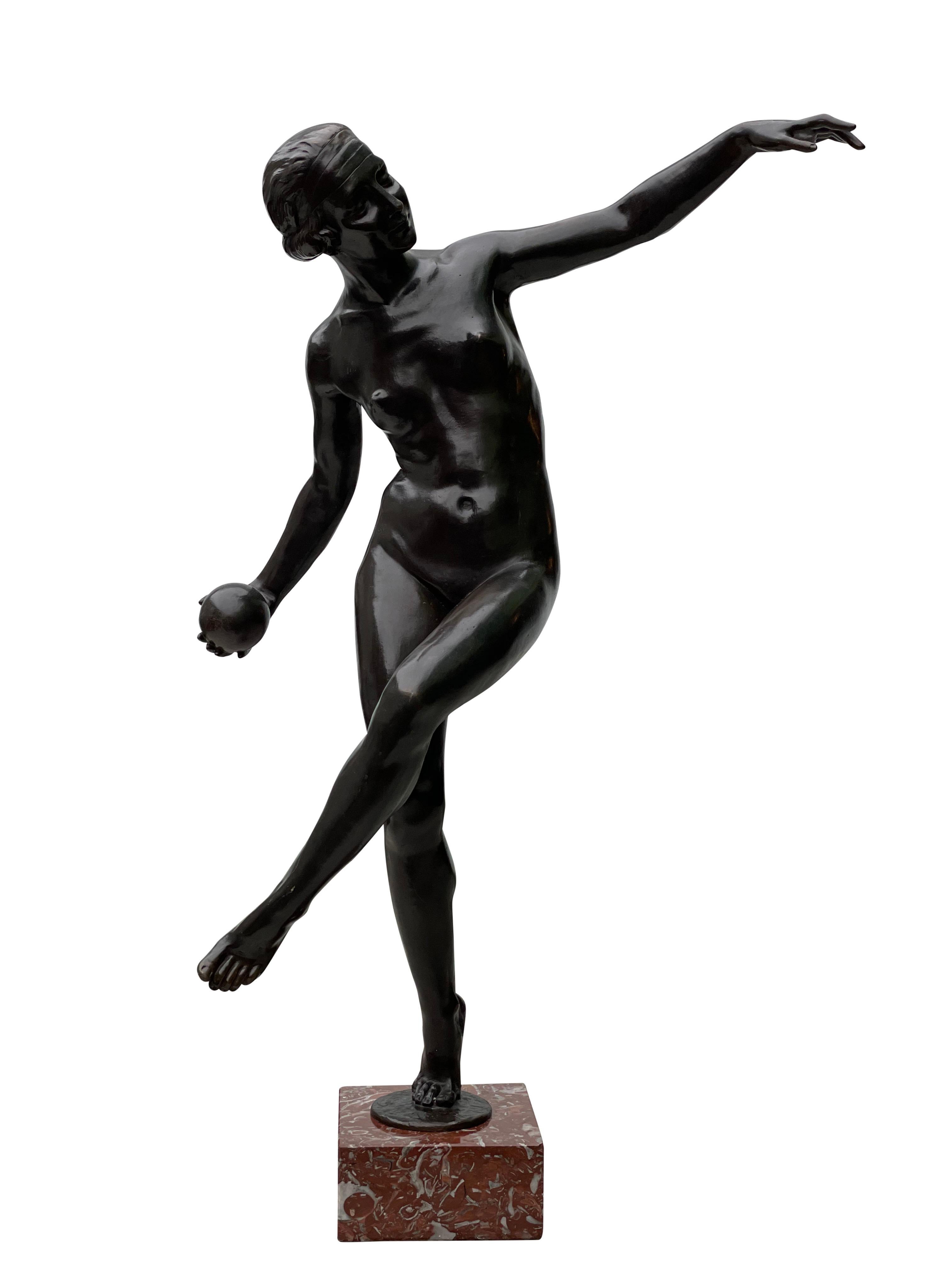 A stunning original bronze Art Deco nude lady balancing ball sculpture, circa 1920s. Rosso Verona marble base, signed by artist.