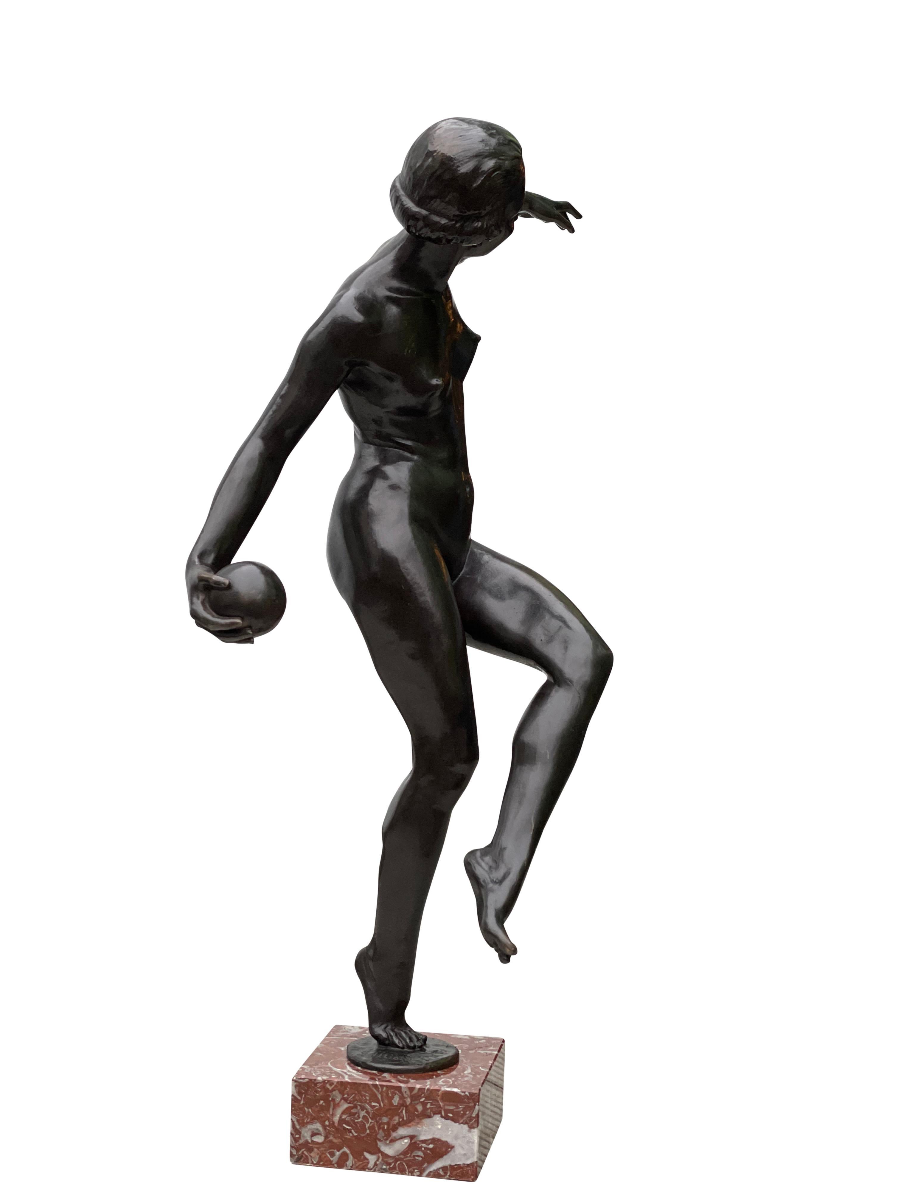 European Bronze Art Deco Nude Lady Balancing Ball Sculpture, circa 1920s For Sale