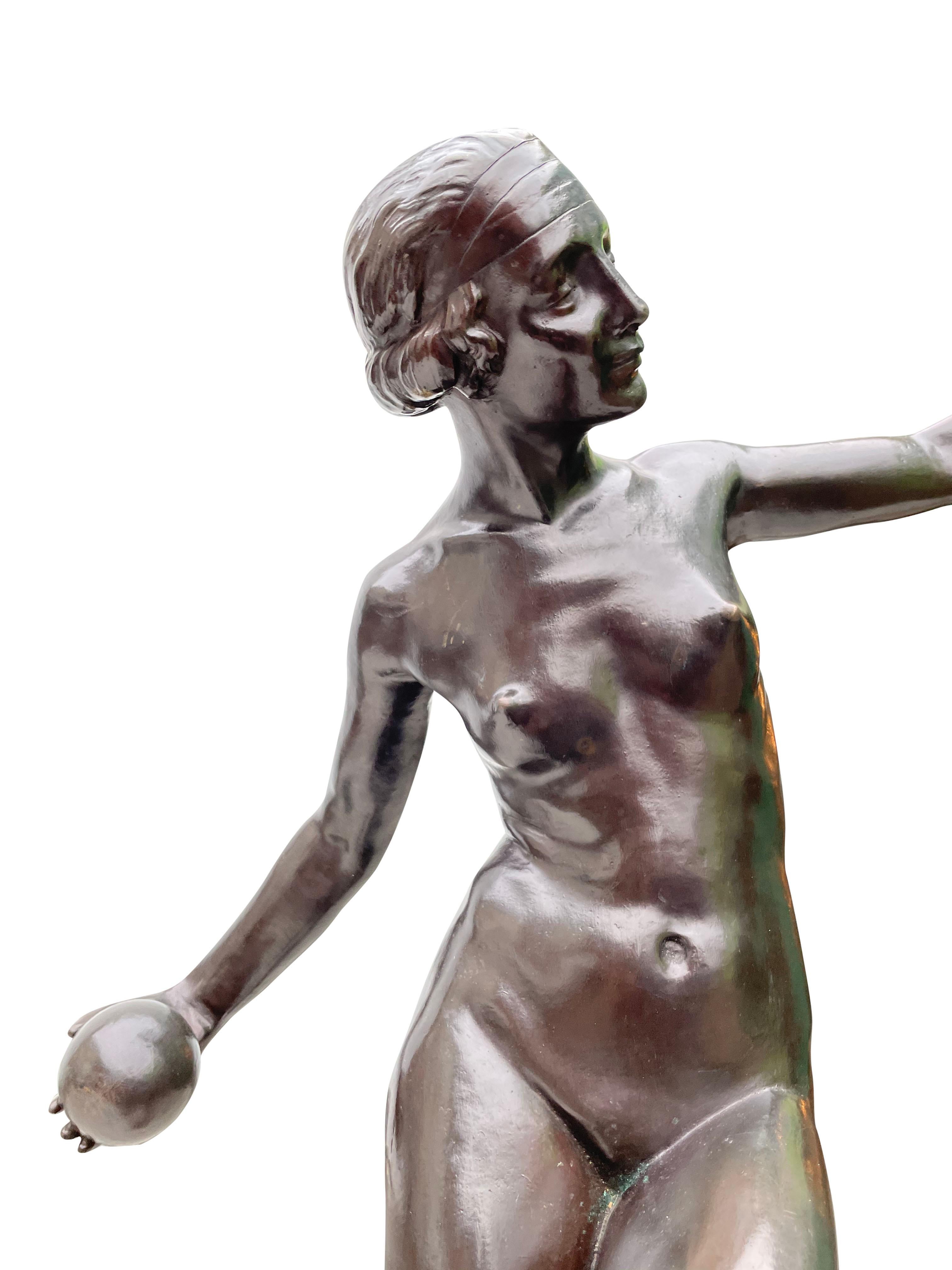 19th Century Bronze Art Deco Nude Lady Balancing Ball Sculpture, circa 1920s For Sale