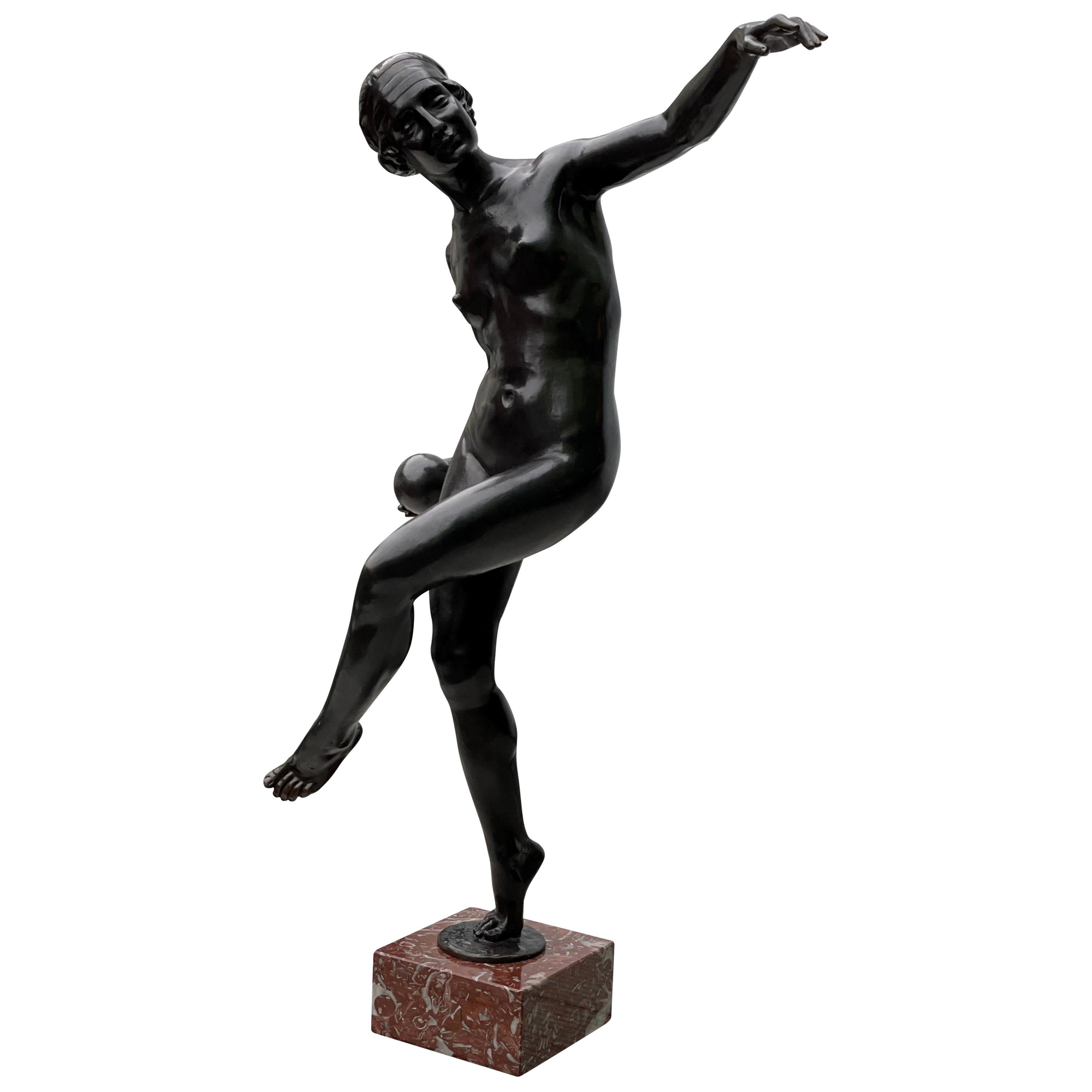 Bronze Art Deco Nude Lady Balancing Ball Sculpture, circa 1920s For Sale