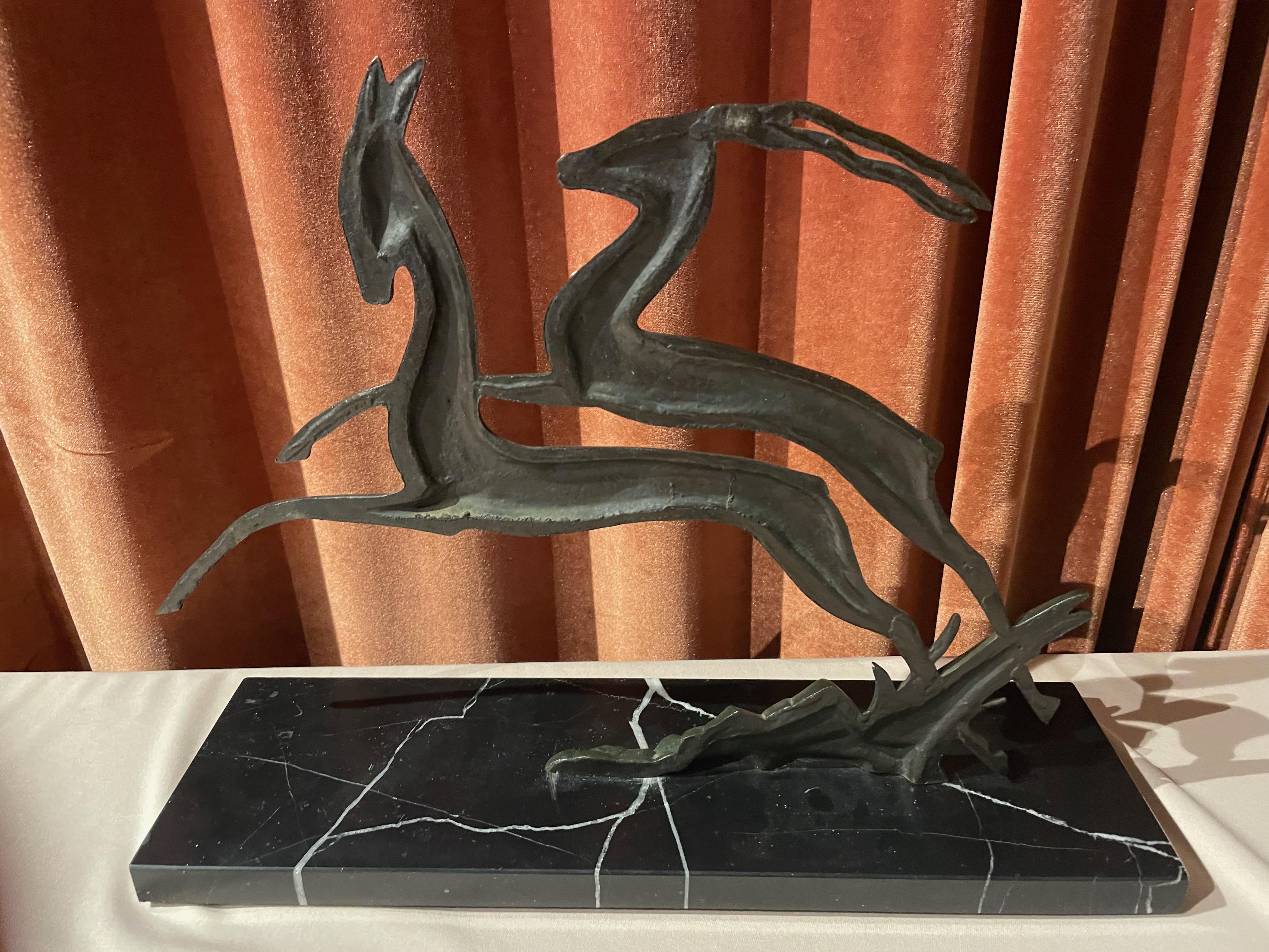 French Bronze Art Deco Pair of Leaping Gazelle on Marble Base For Sale