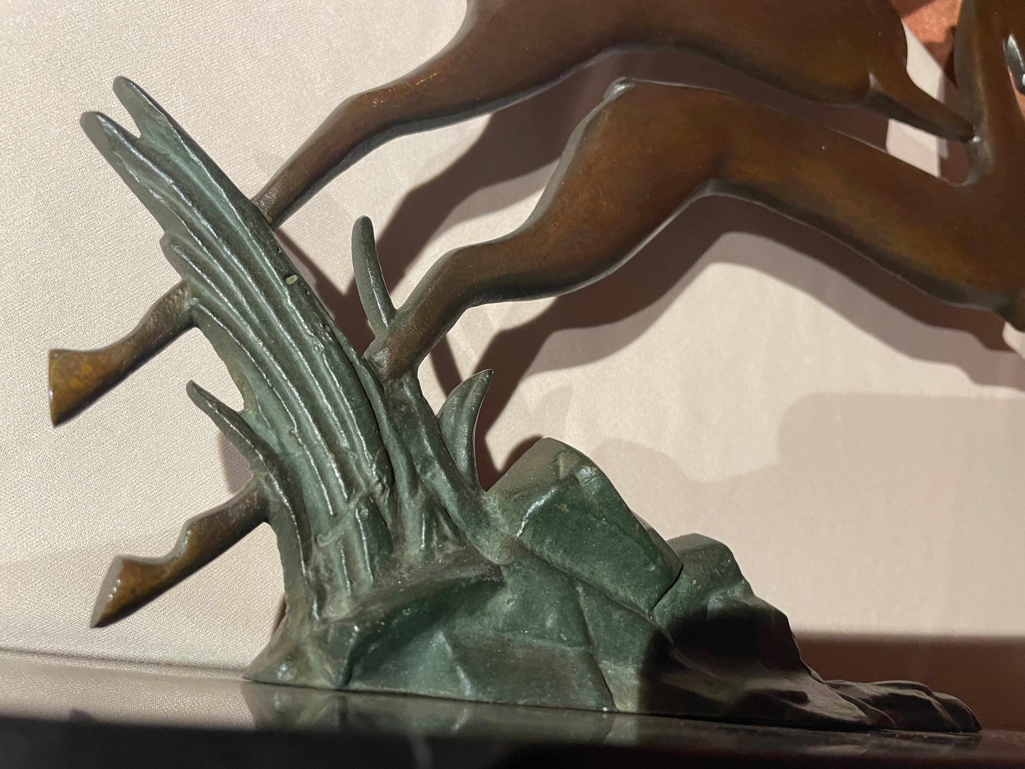 Bronze Art Deco Pair of Leaping Gazelle on Marble Base For Sale 1