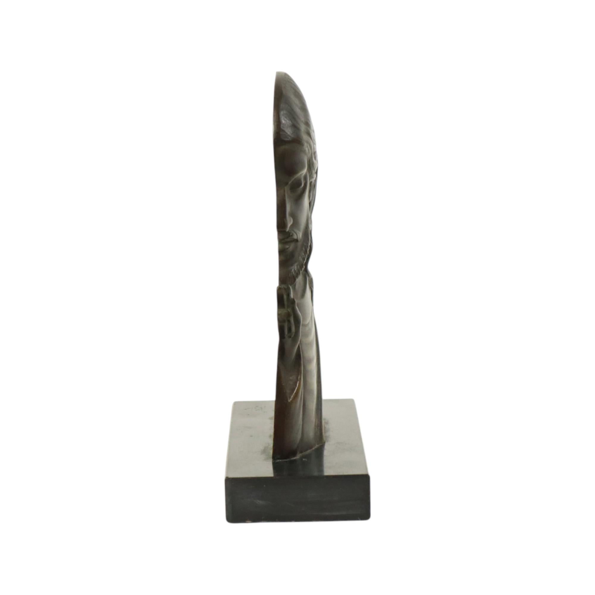 Belgian Bronze Art Deco Statue Christ Profile Salvatore Melani Art 1930 For Sale