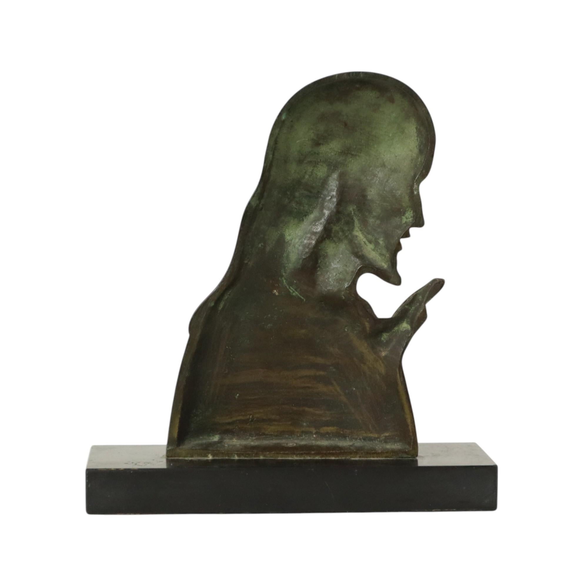 Cast Bronze Art Deco Statue Christ Profile Salvatore Melani Art 1930 For Sale