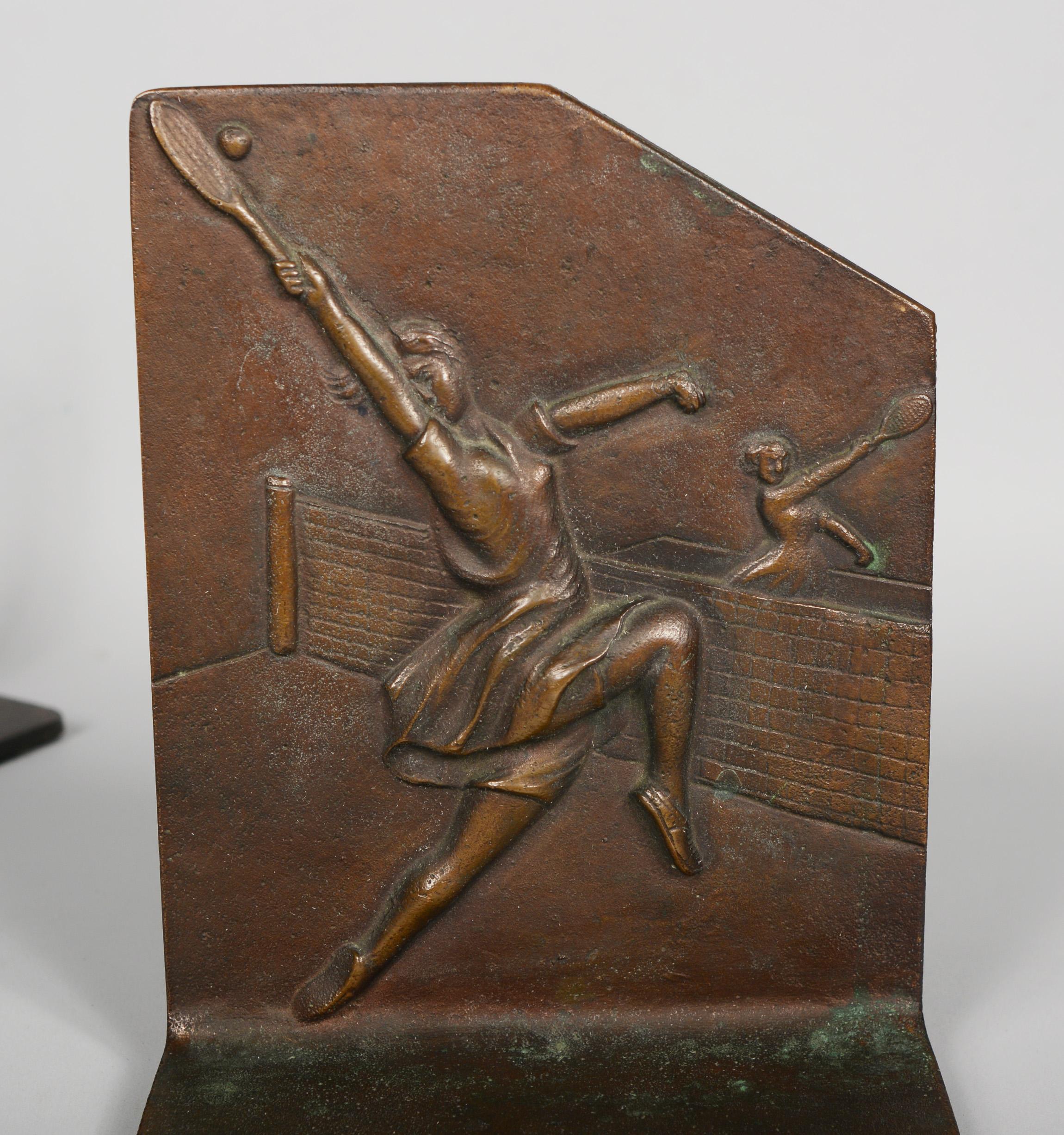 Bronze Art Deco Tennis Player Bookends In Good Condition For Sale In San Mateo, CA