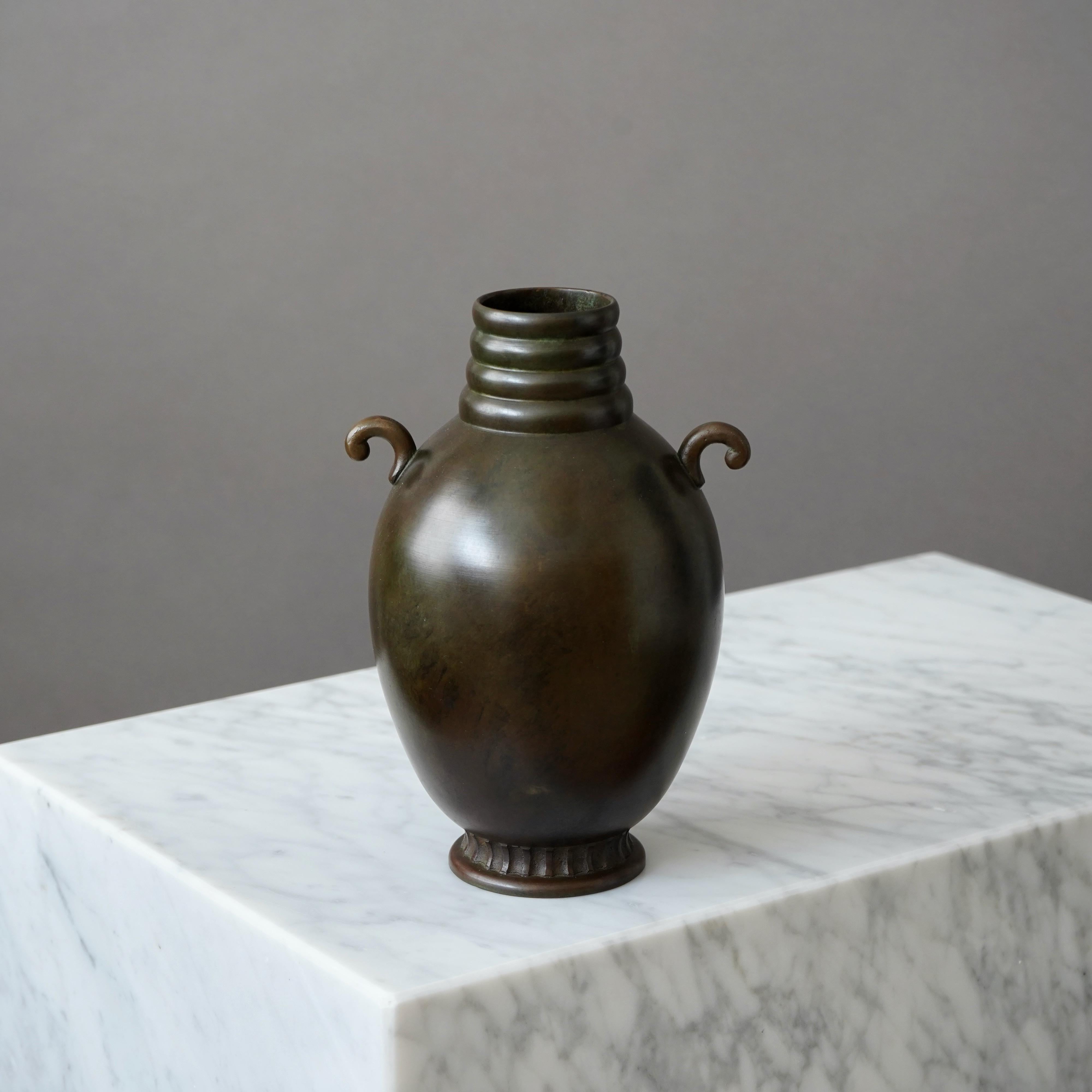 A beautiful bronze vase with amazing patina. 
Made by GAB Guldsmedsaktiebolaget, Sweden, 1930s.  

Excellent condition.
Stamped 'BRONS' and makers mark.