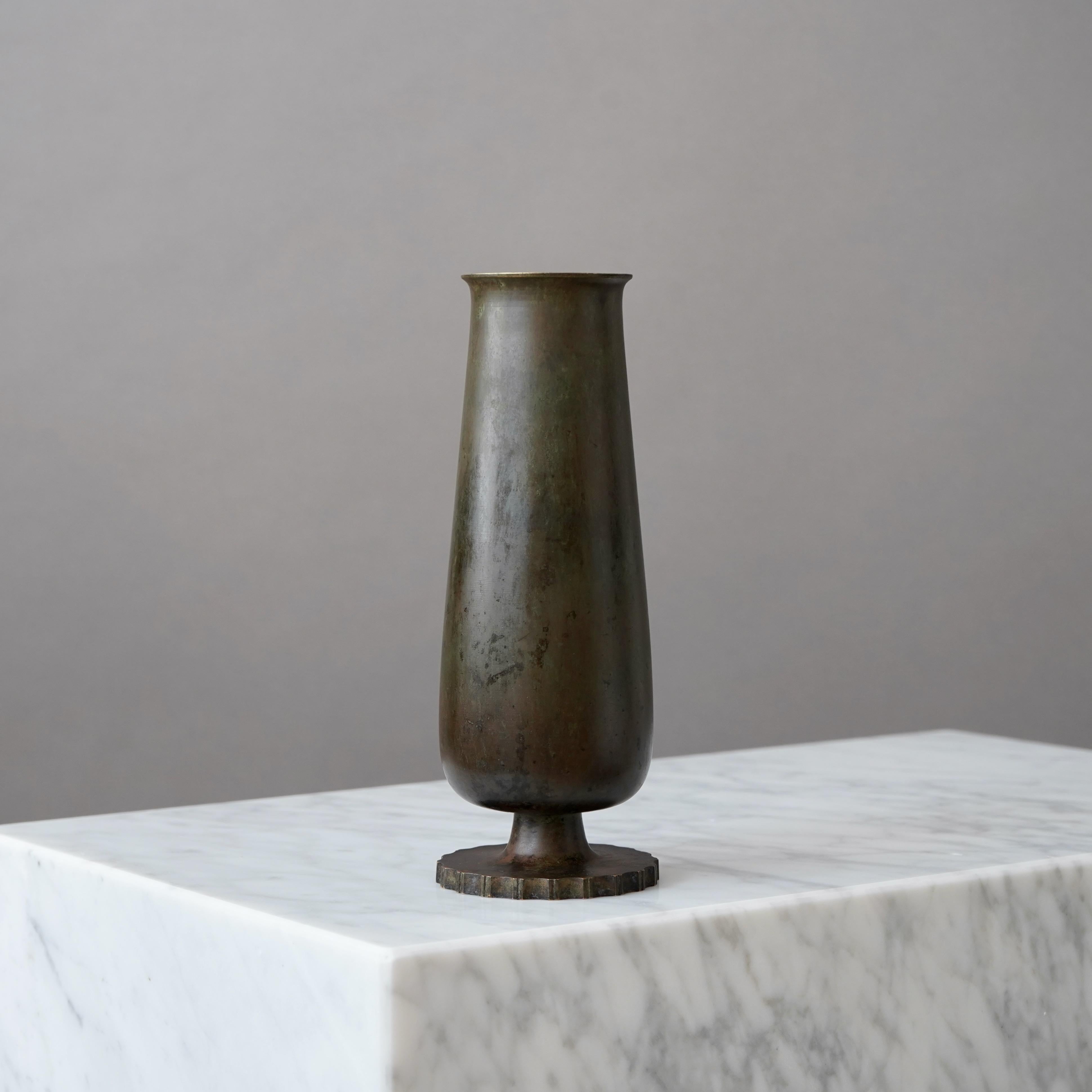 A beautiful bronze vase with amazing patina. 
Made by GAB Guldsmedsaktiebolaget, Sweden, 1930s.  

Great condition, with a few light scratches.
Stamped 'BRONS' and makers mark.