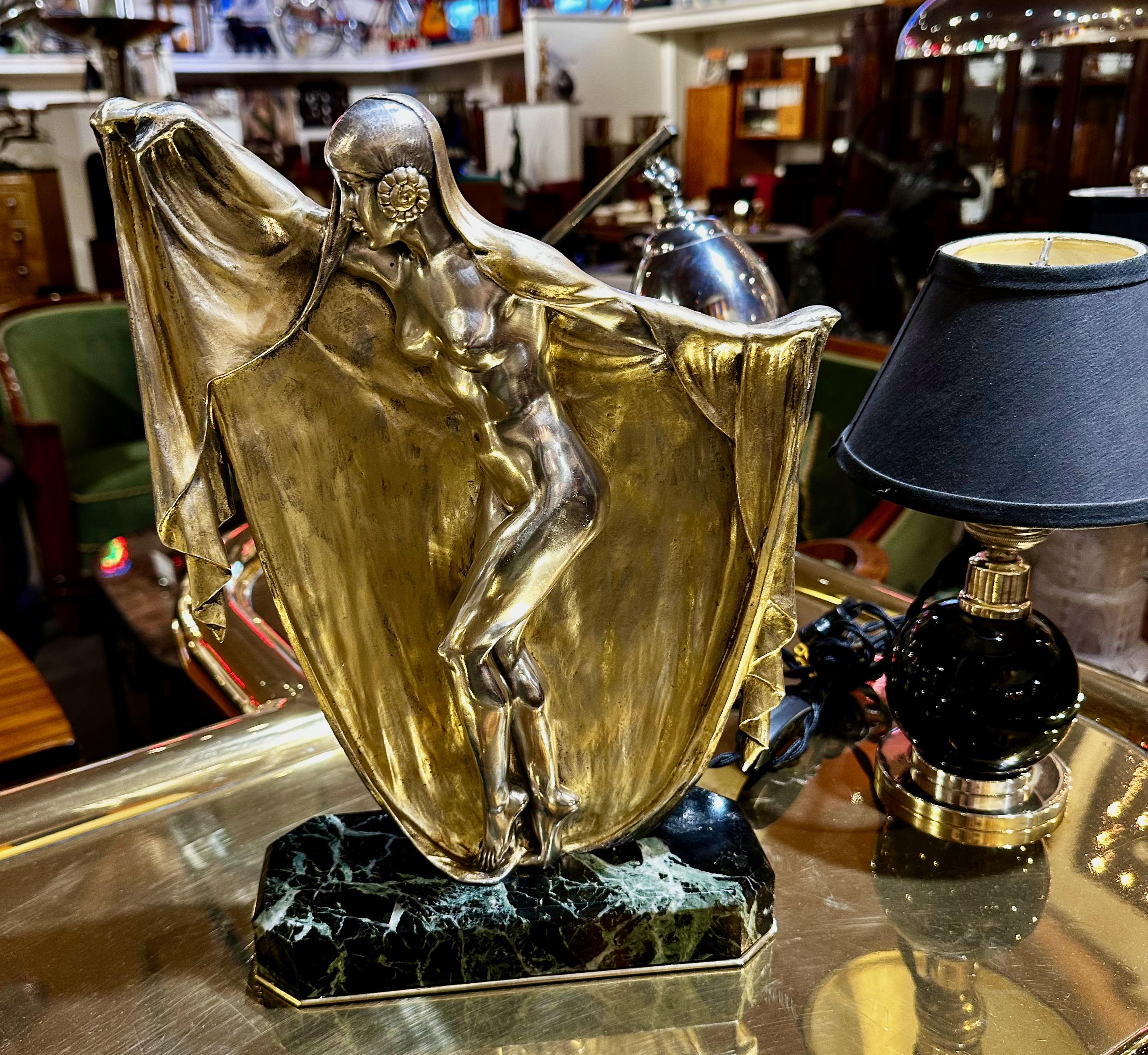 Bronze Art Deco Veil Dancer by Armand Lemo on Marble For Sale 4