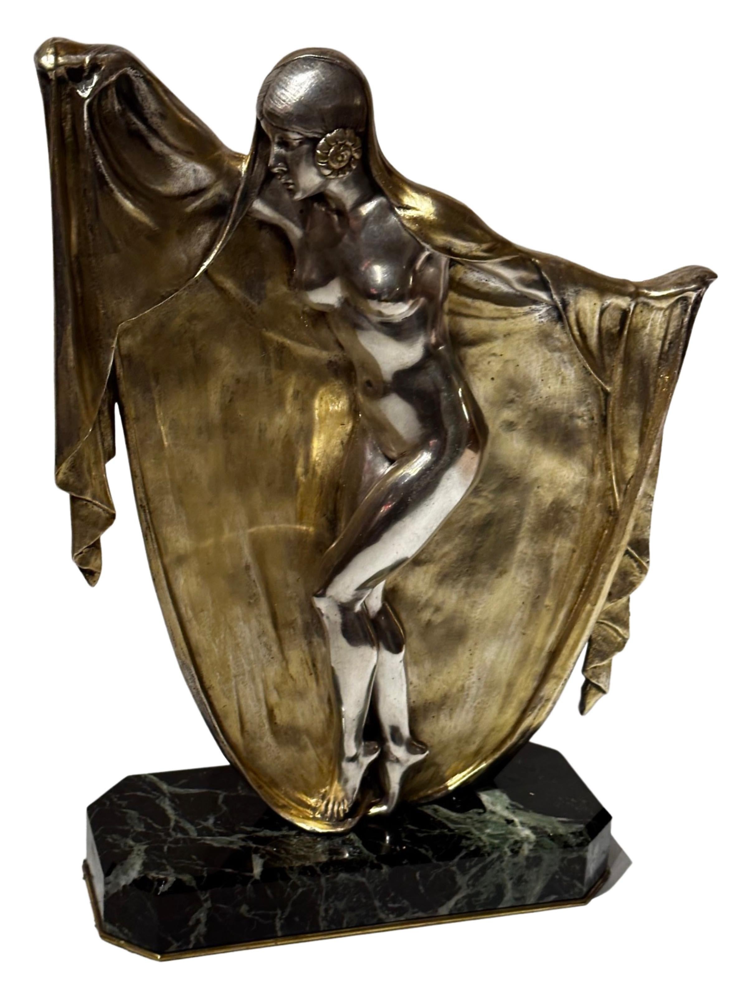 Bronze Art Deco Veil Dancer by Armand Lemo on Marble For Sale 5