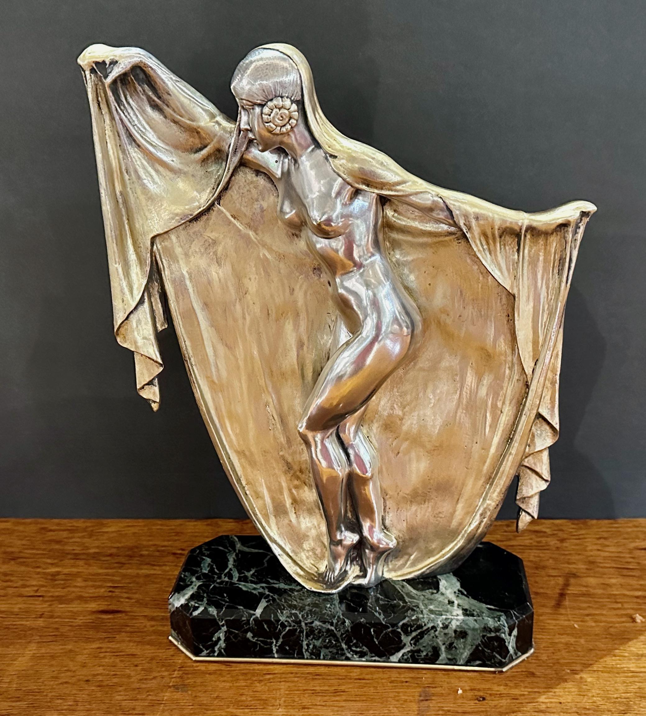 Bronze Art Deco Veil Dancer by Armand Lemo on Marble For Sale 12