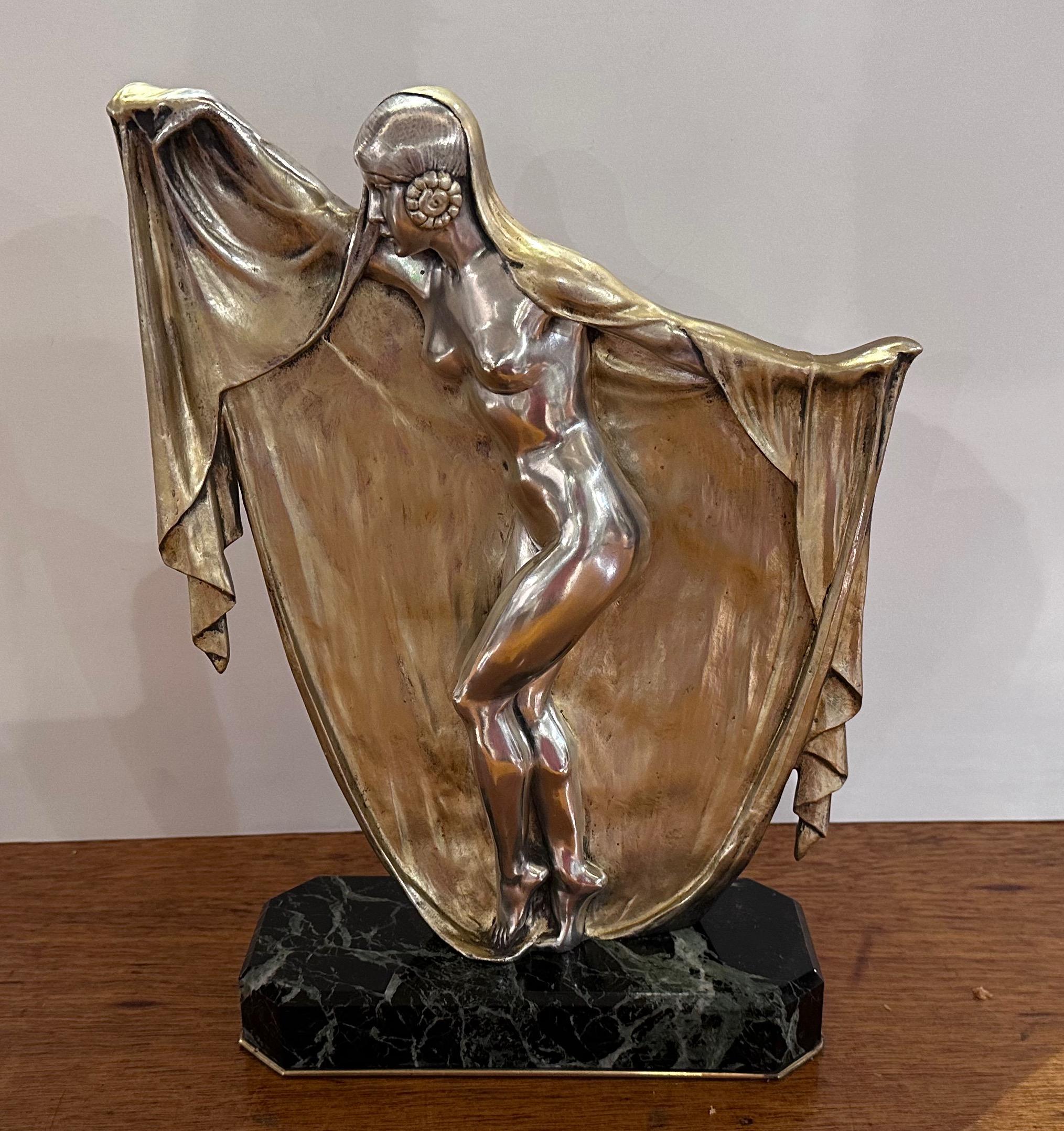 Bronze Art Deco Veil Dancer by Armand Lemo on Marble For Sale 1