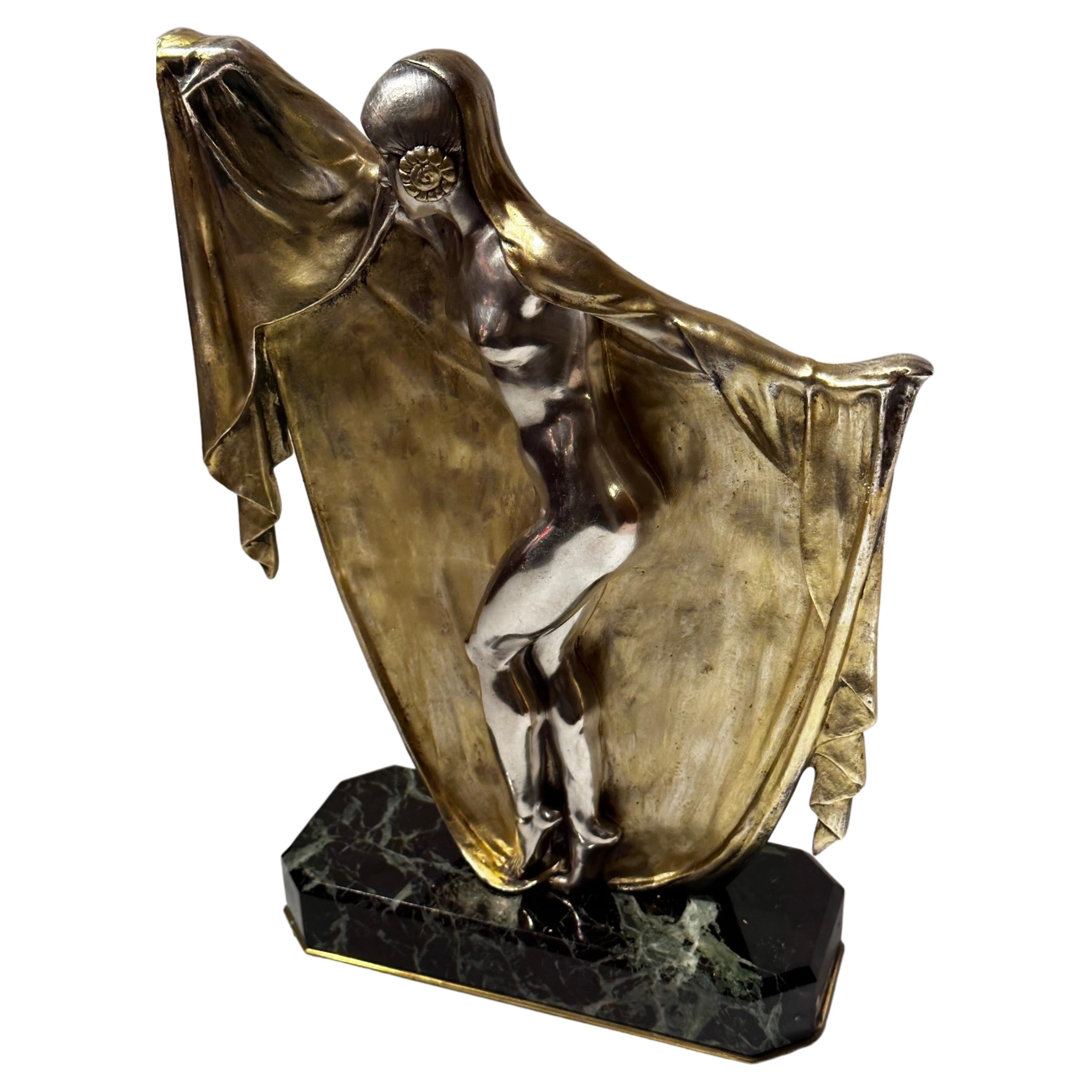 Bronze Art Deco Veil Dancer by Armand Lemo on Marble For Sale