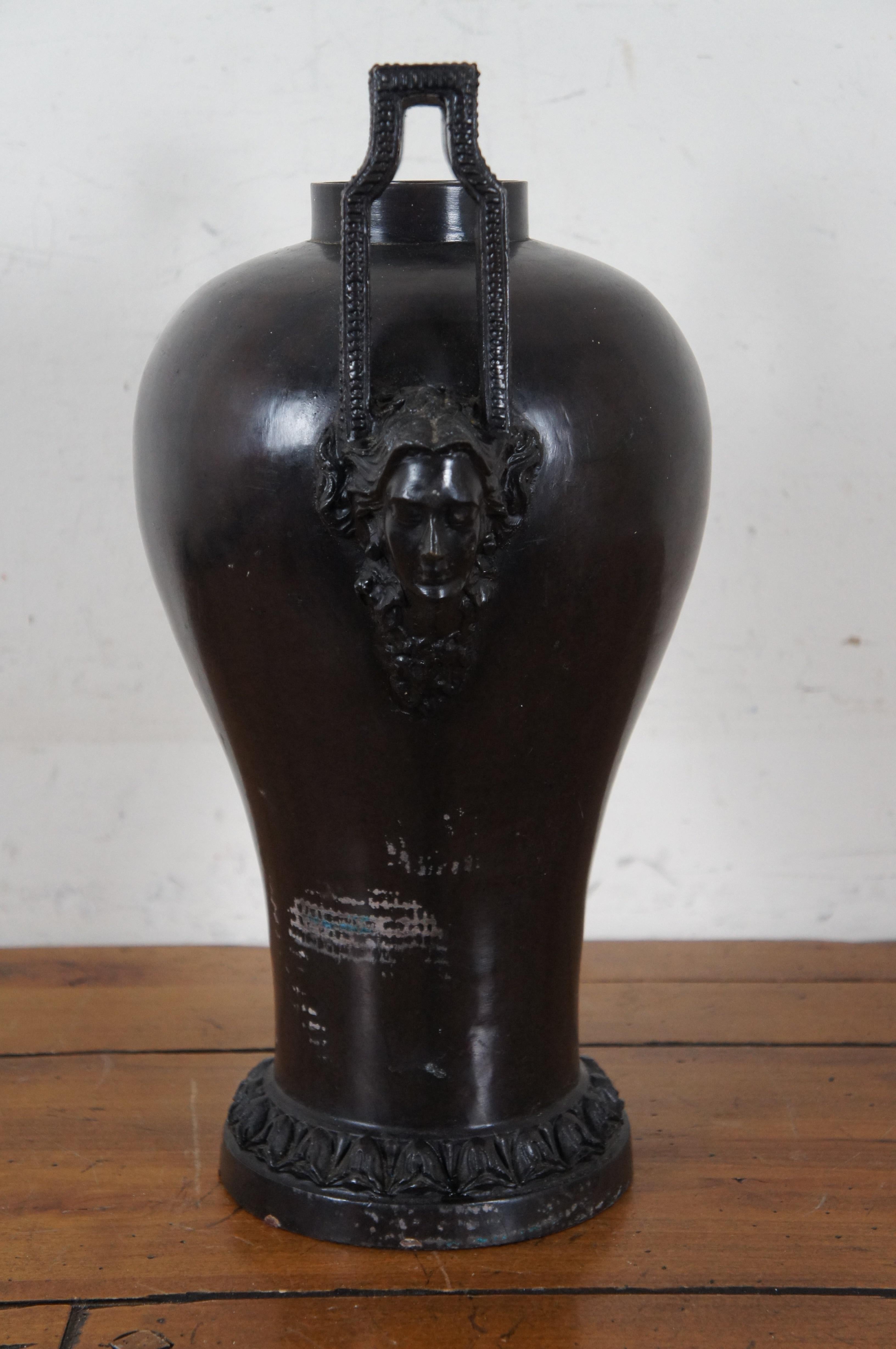 20th Century Maitland Smith Bronze Art Nouveau Bas Relief Face Bust Handle Mantel Vase Urn For Sale