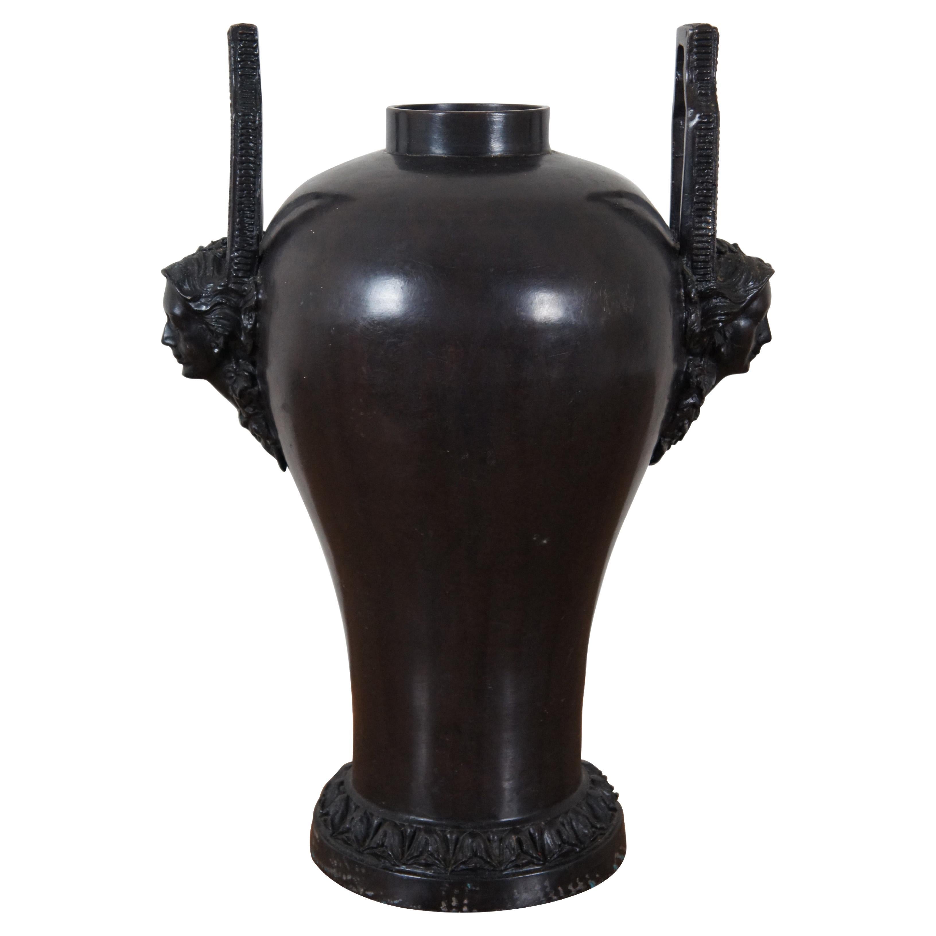 Maitland Smith Bronze Art Nouveau Bas Relief Face Bust Handle Mantel Vase Urn
