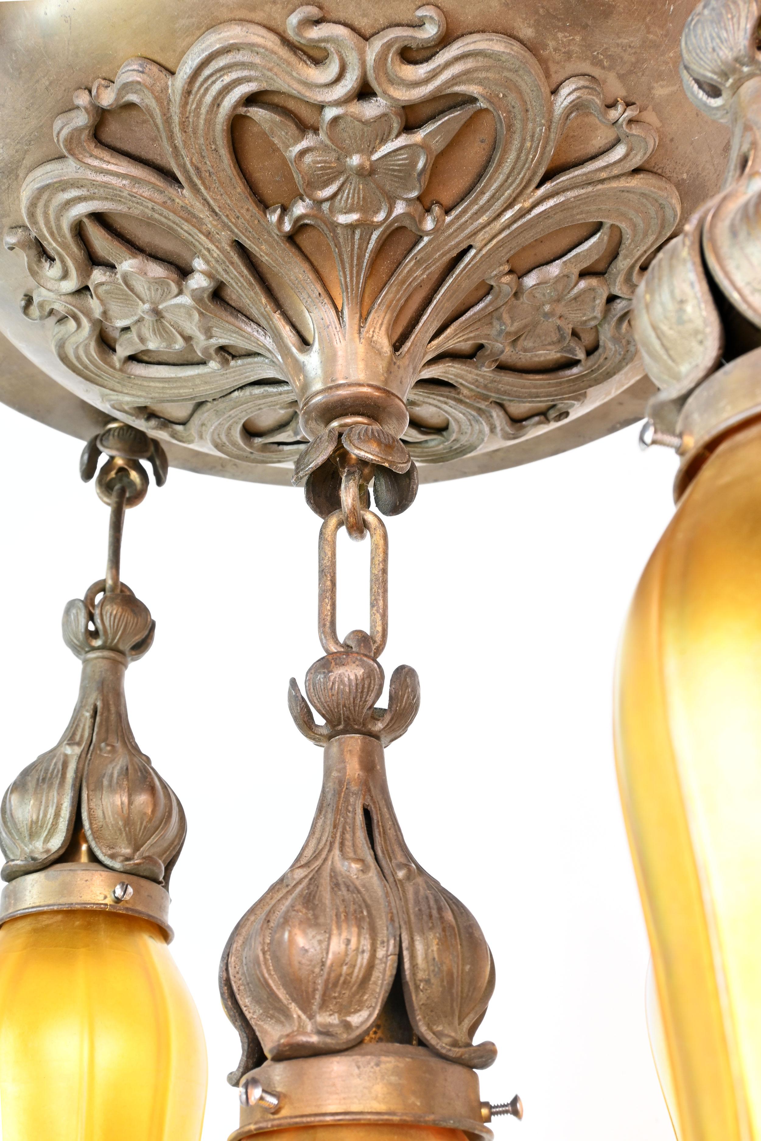 American Bronze Art Nouveau Chandelier with Quezal Aurene Shades For Sale