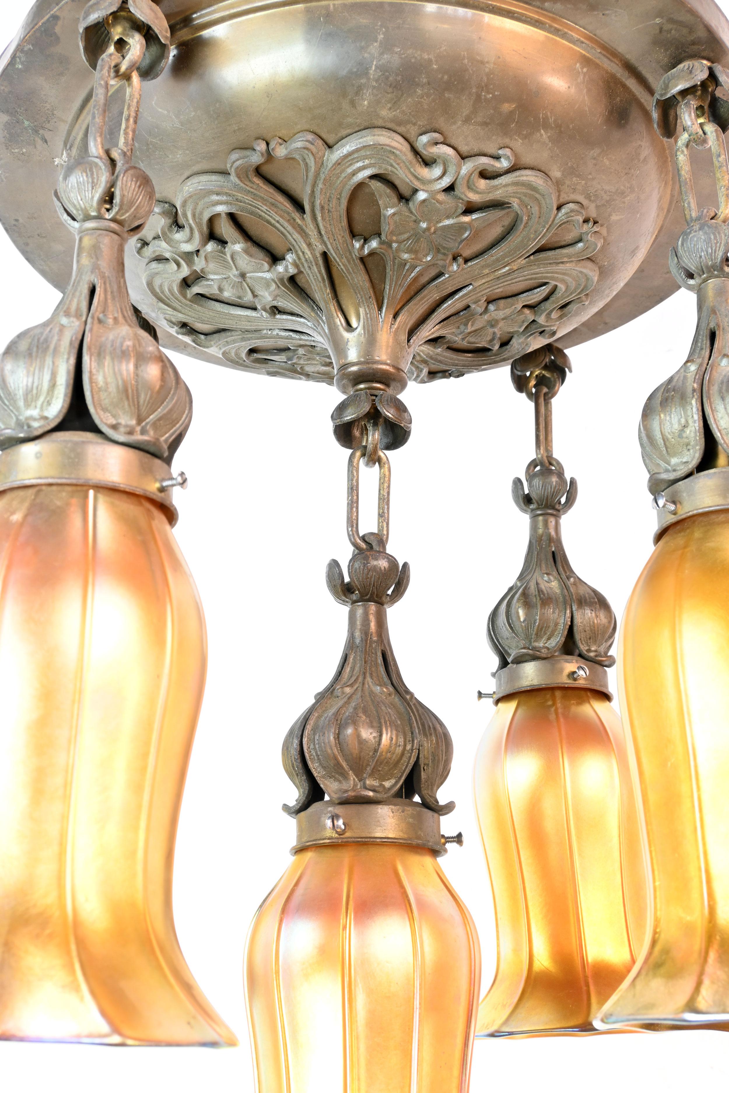 Hand-Crafted Bronze Art Nouveau Chandelier with Quezal Aurene Shades For Sale