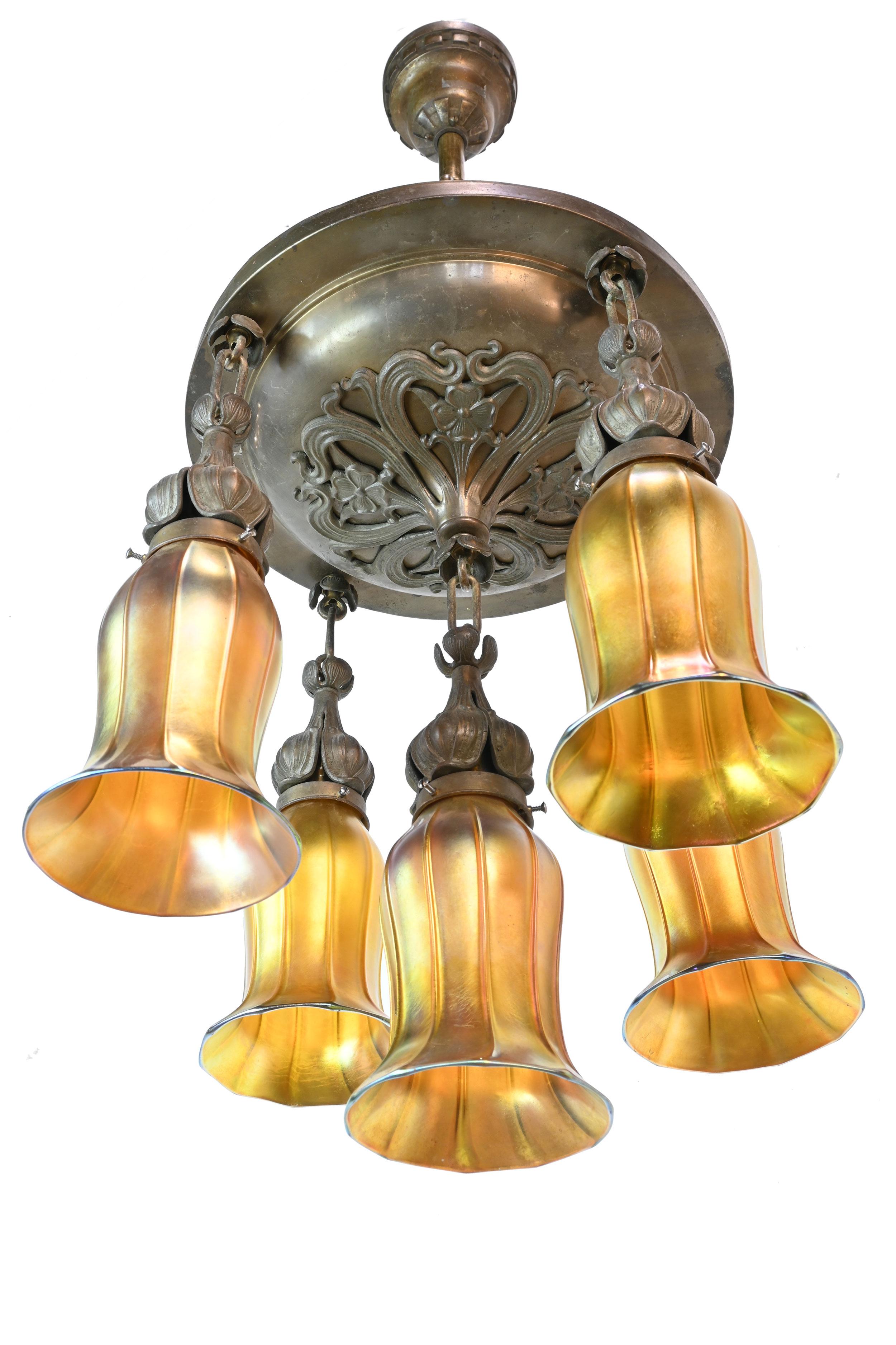 Bronze Art Nouveau Chandelier with Quezal Aurene Shades In Good Condition For Sale In Minneapolis, MN