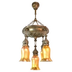 Antique Bronze Art Nouveau Chandelier with Quezal Aurene Shades