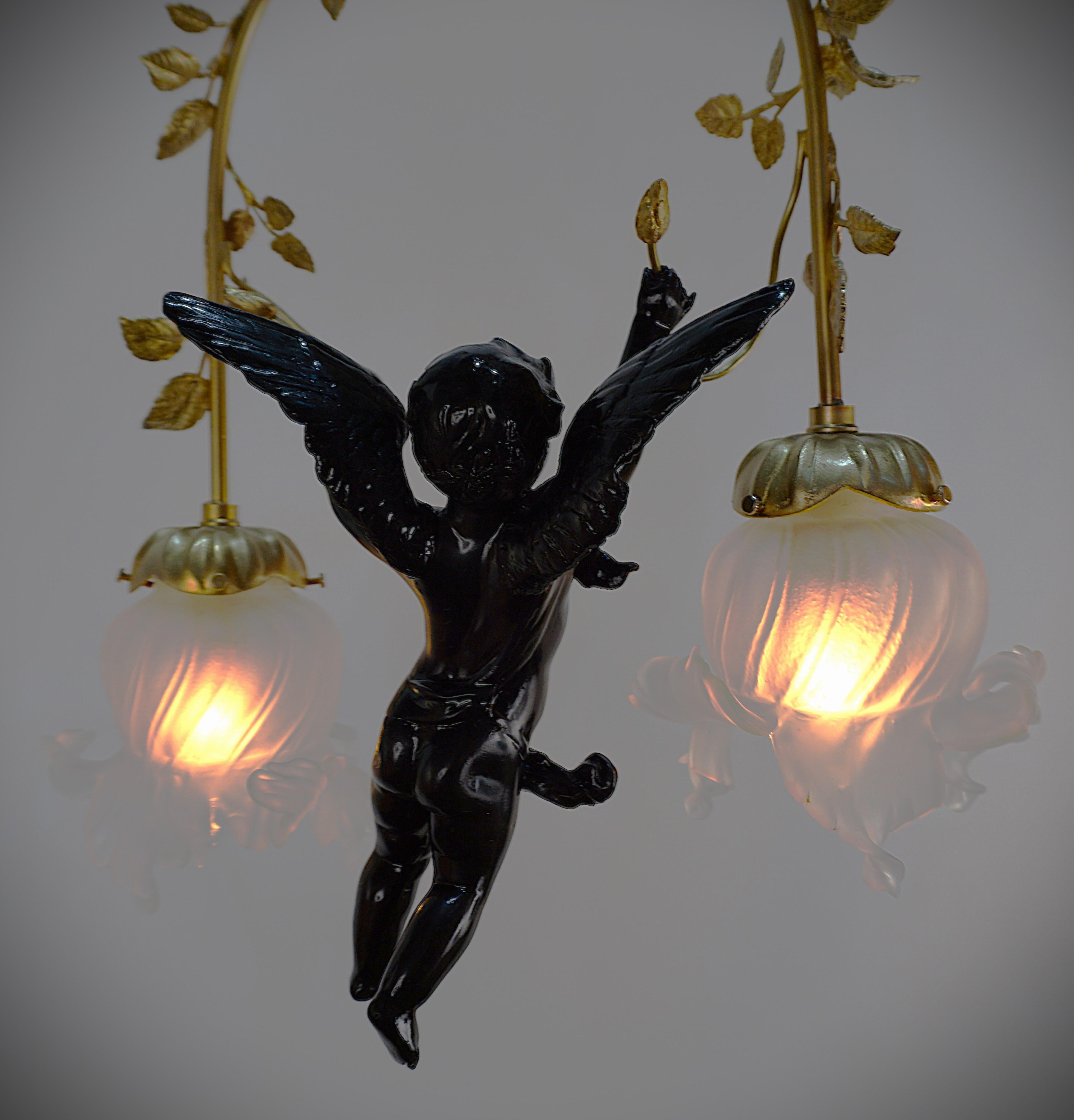 Bronze Art Nouveau Cherub Chandelier For Sale 7