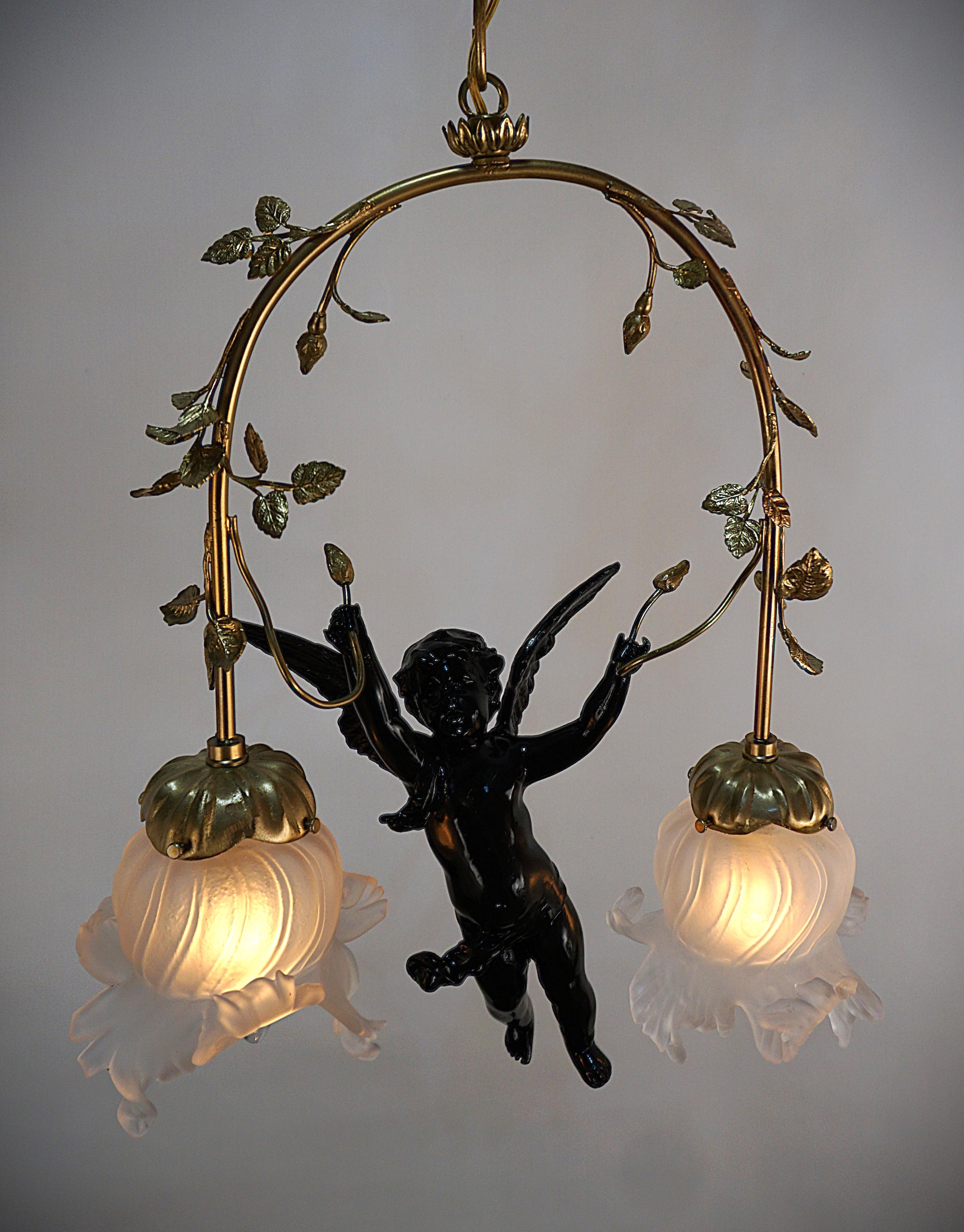 Bronze Art Nouveau Cherub Chandelier For Sale 8
