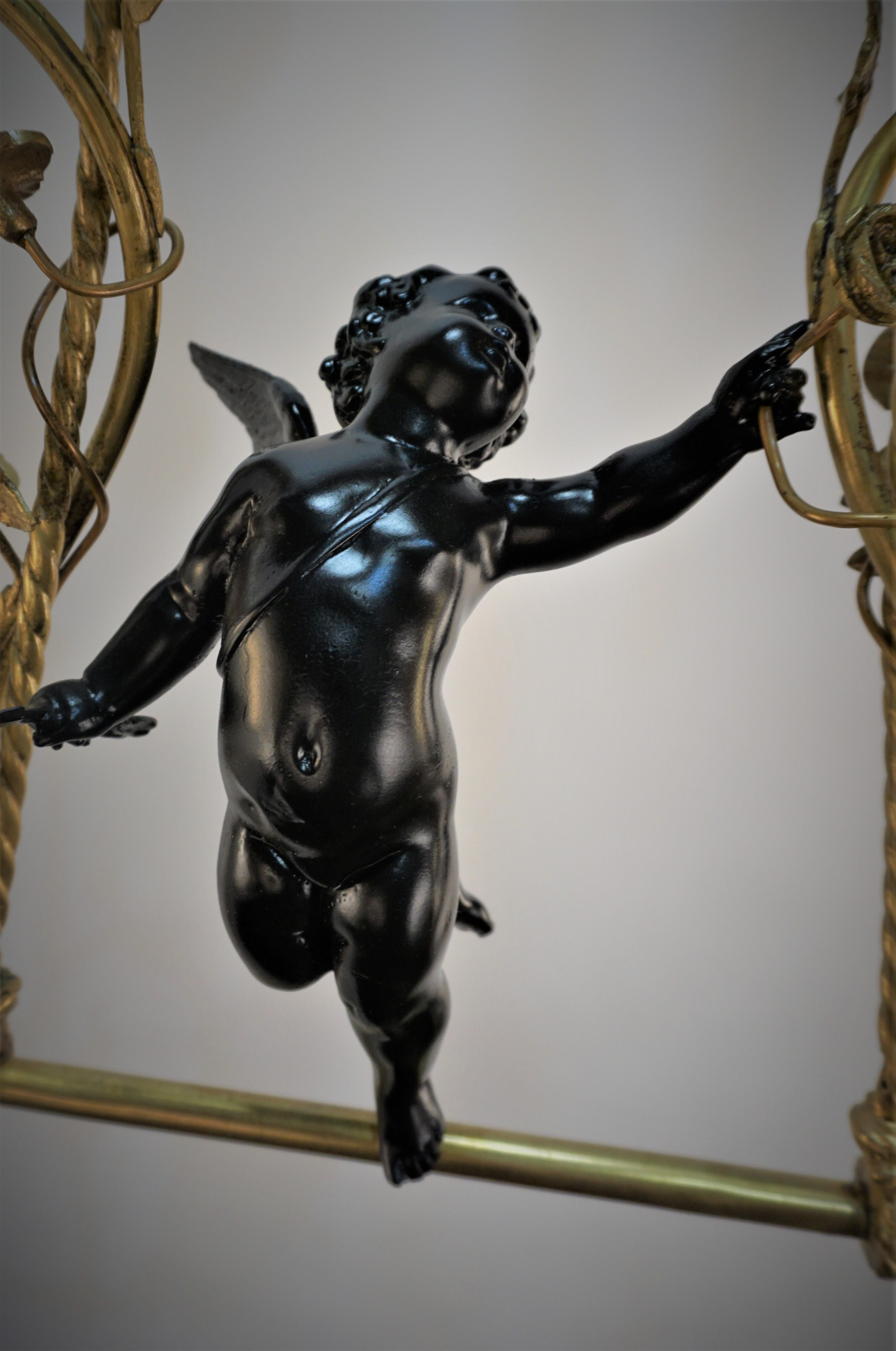 French Bronze Art Nouveau Cherub Chandelier