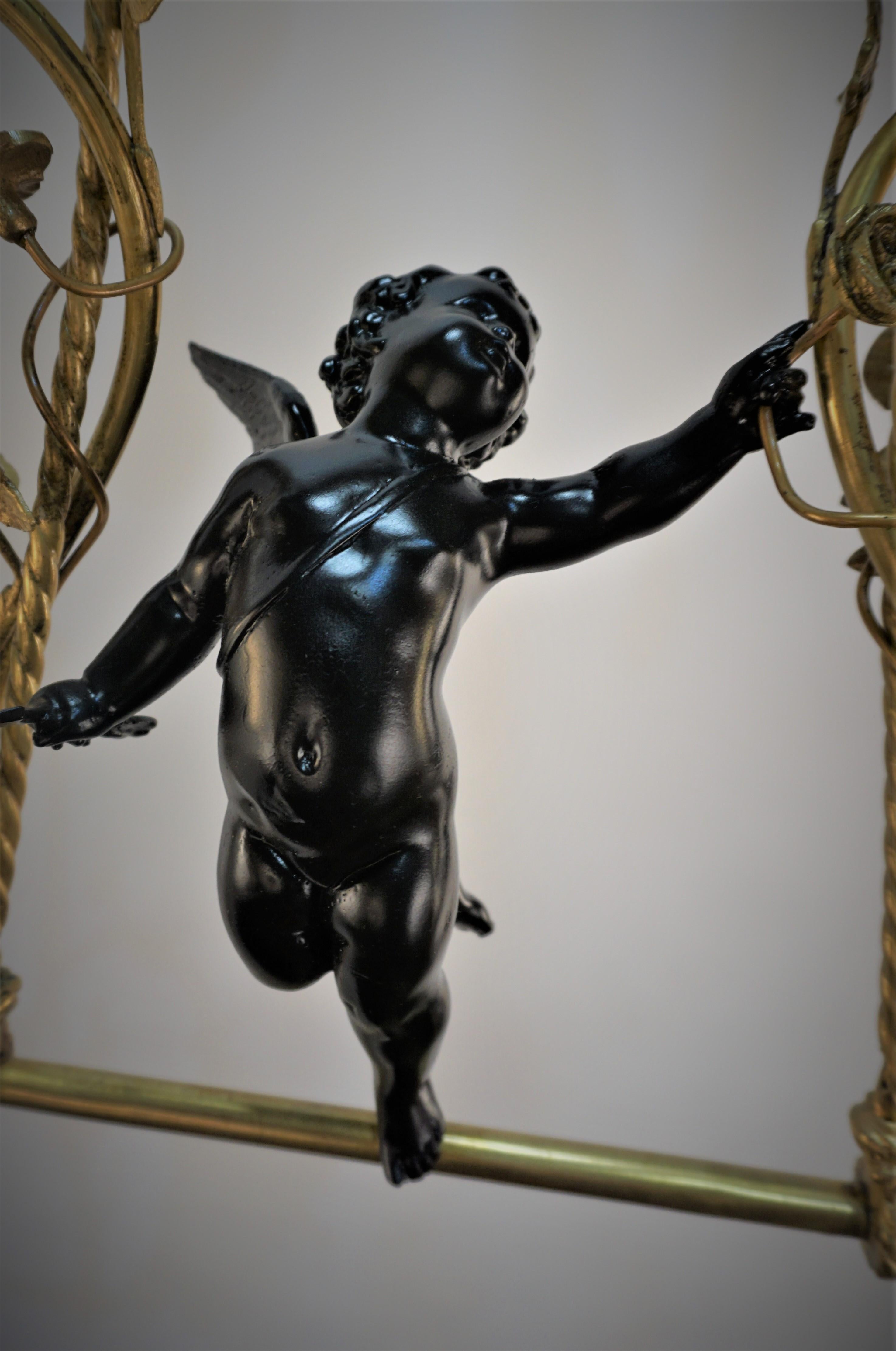 French Bronze Art Nouveau Cherub Chandelier  For Sale