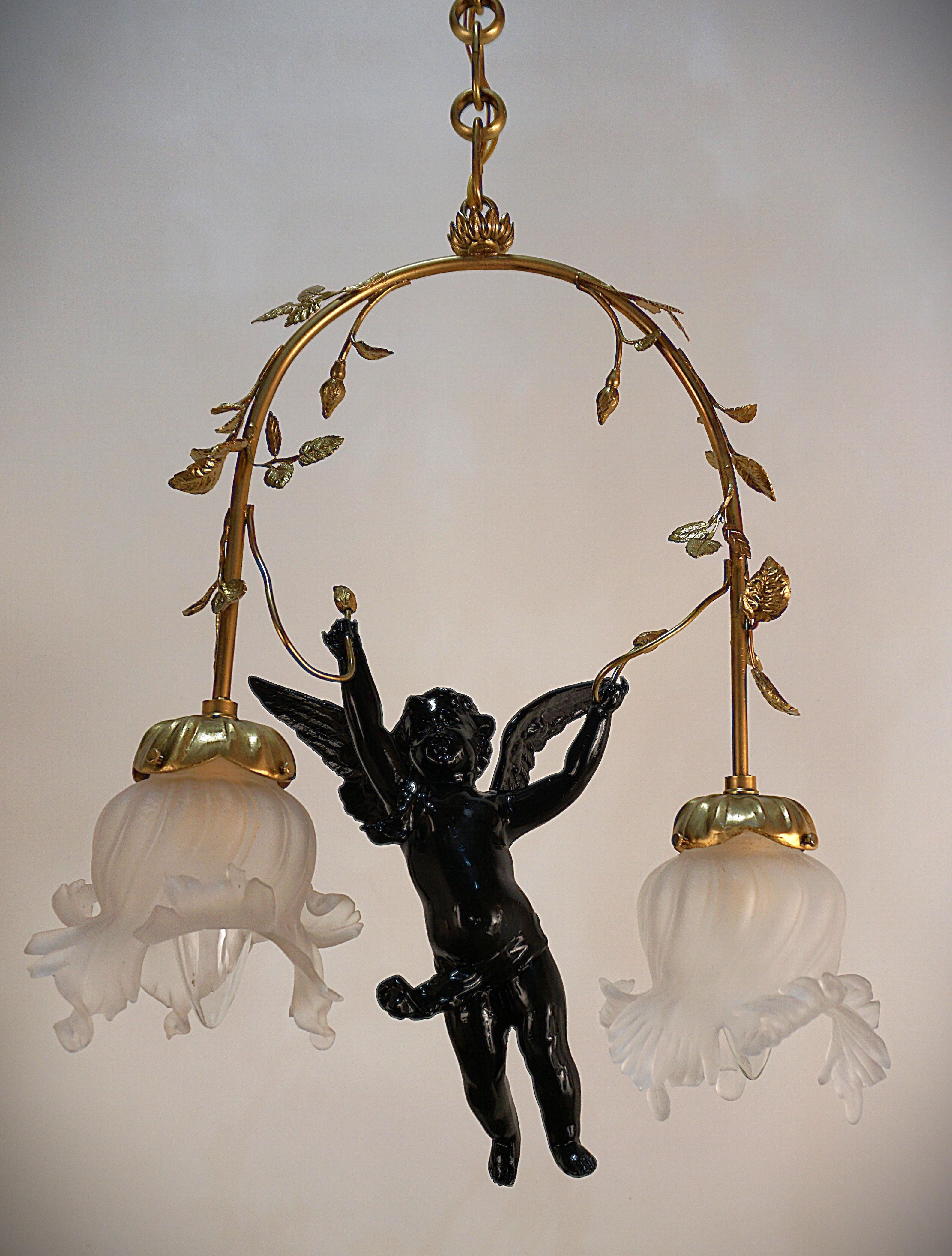 Bronze Art Nouveau Cherub Chandelier In Good Condition For Sale In Fairfax, VA