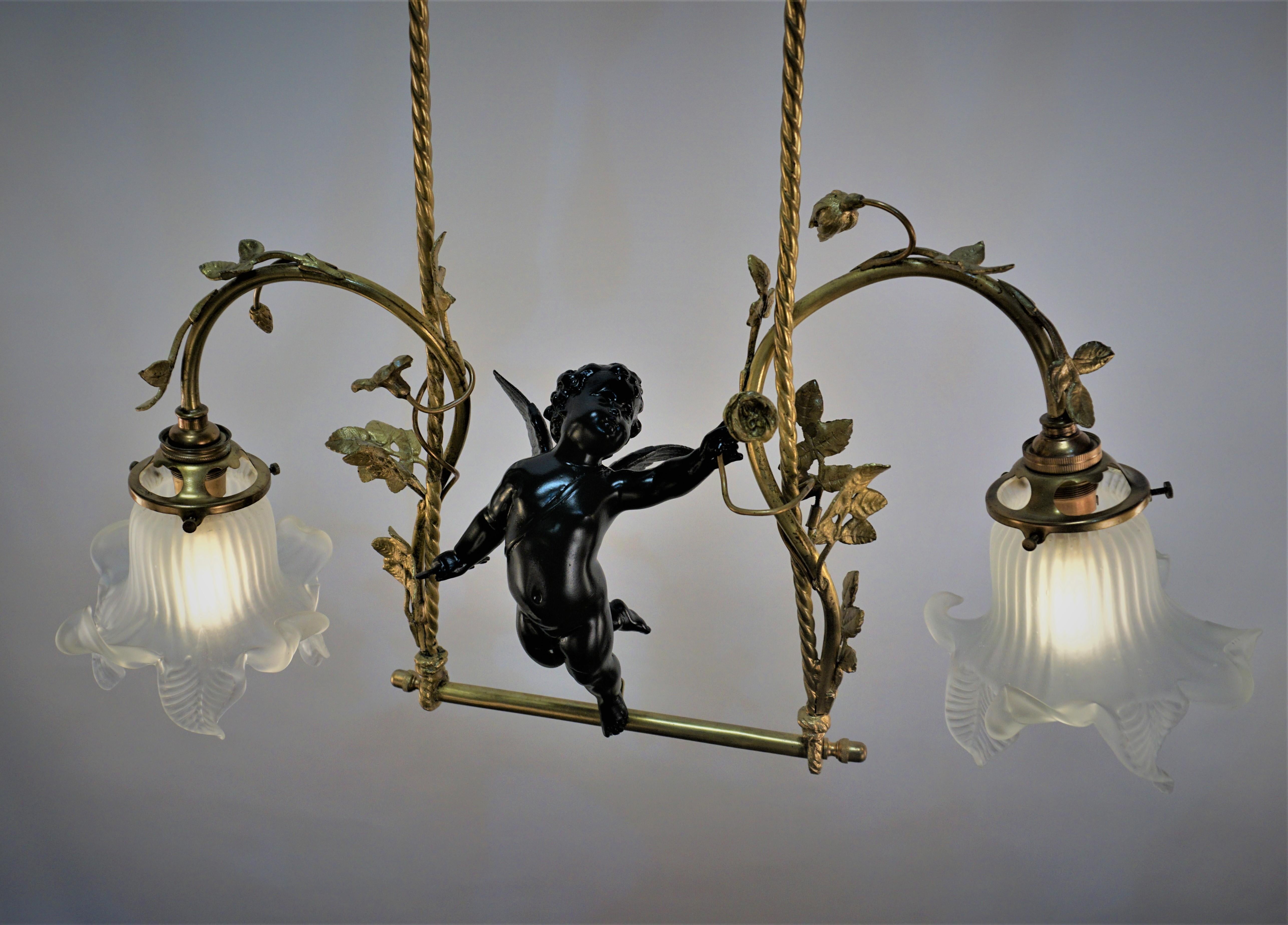 Bronze Art Nouveau Cherub Chandelier  For Sale 3