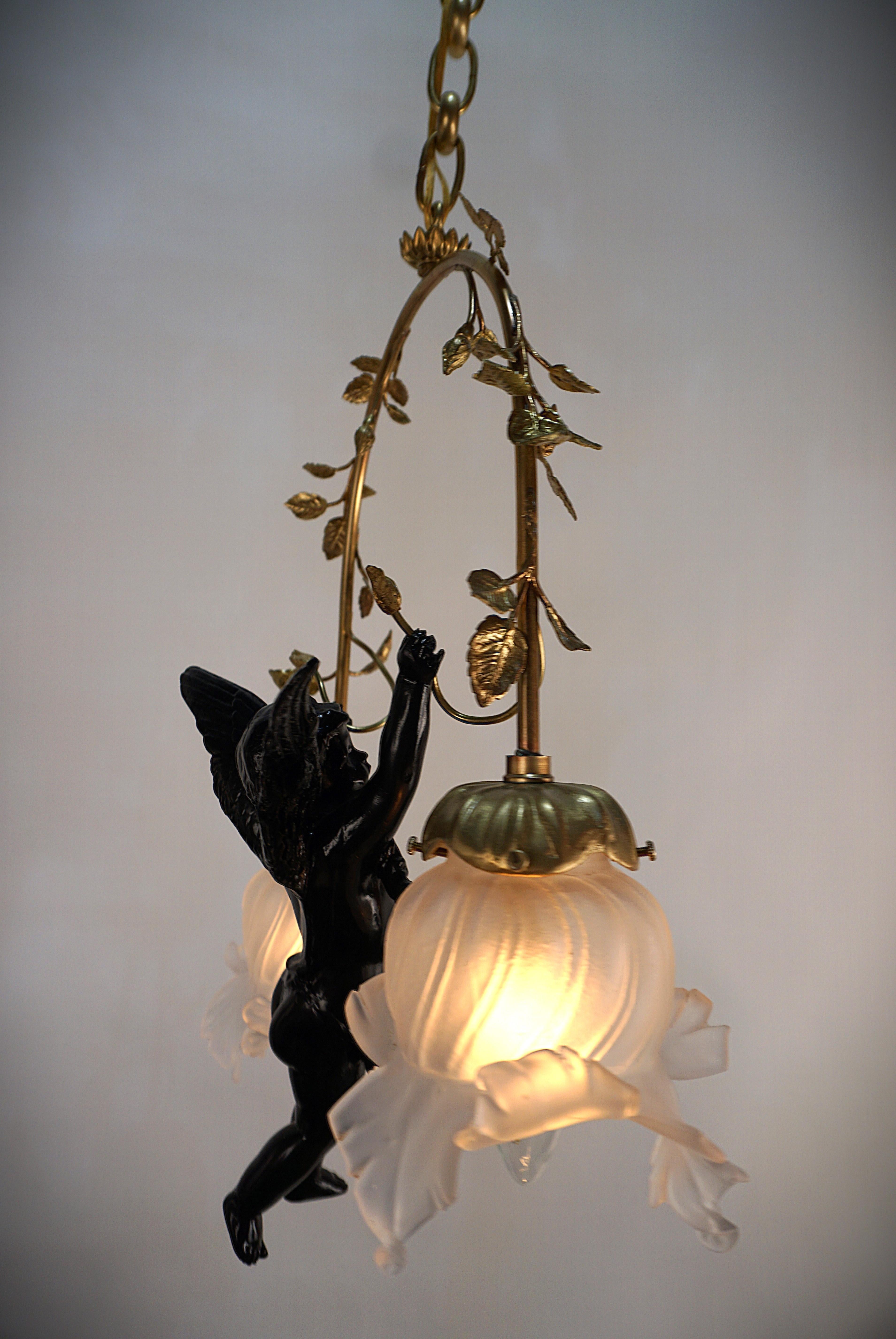 Bronze Art Nouveau Cherub Chandelier For Sale 4