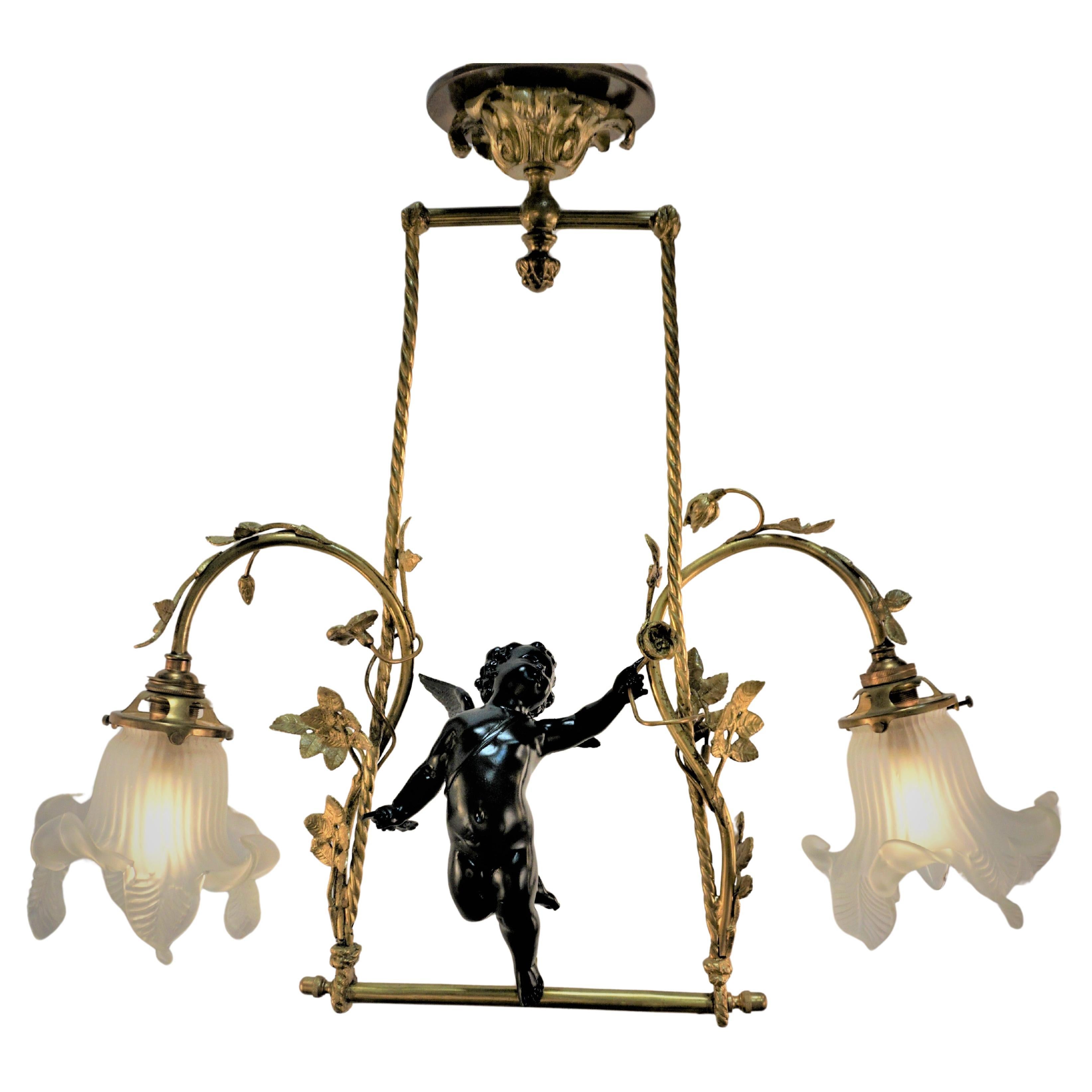 Bronze Art Nouveau Cherub Chandelier  For Sale