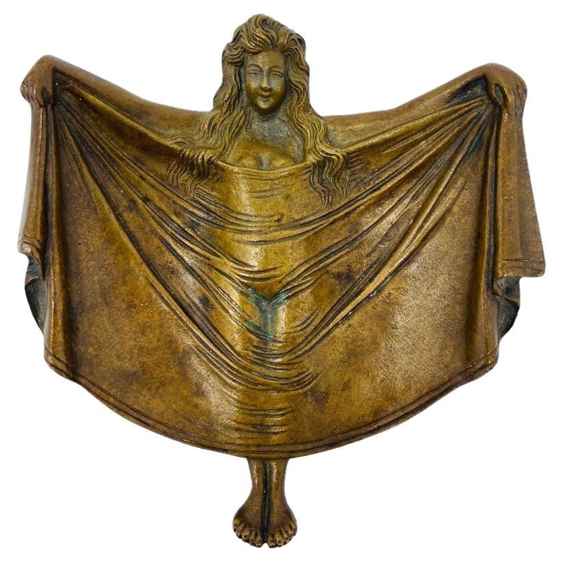 Bronze Art Nouveau Figural Tray Vanity Dish Nymph Maiden For Sale