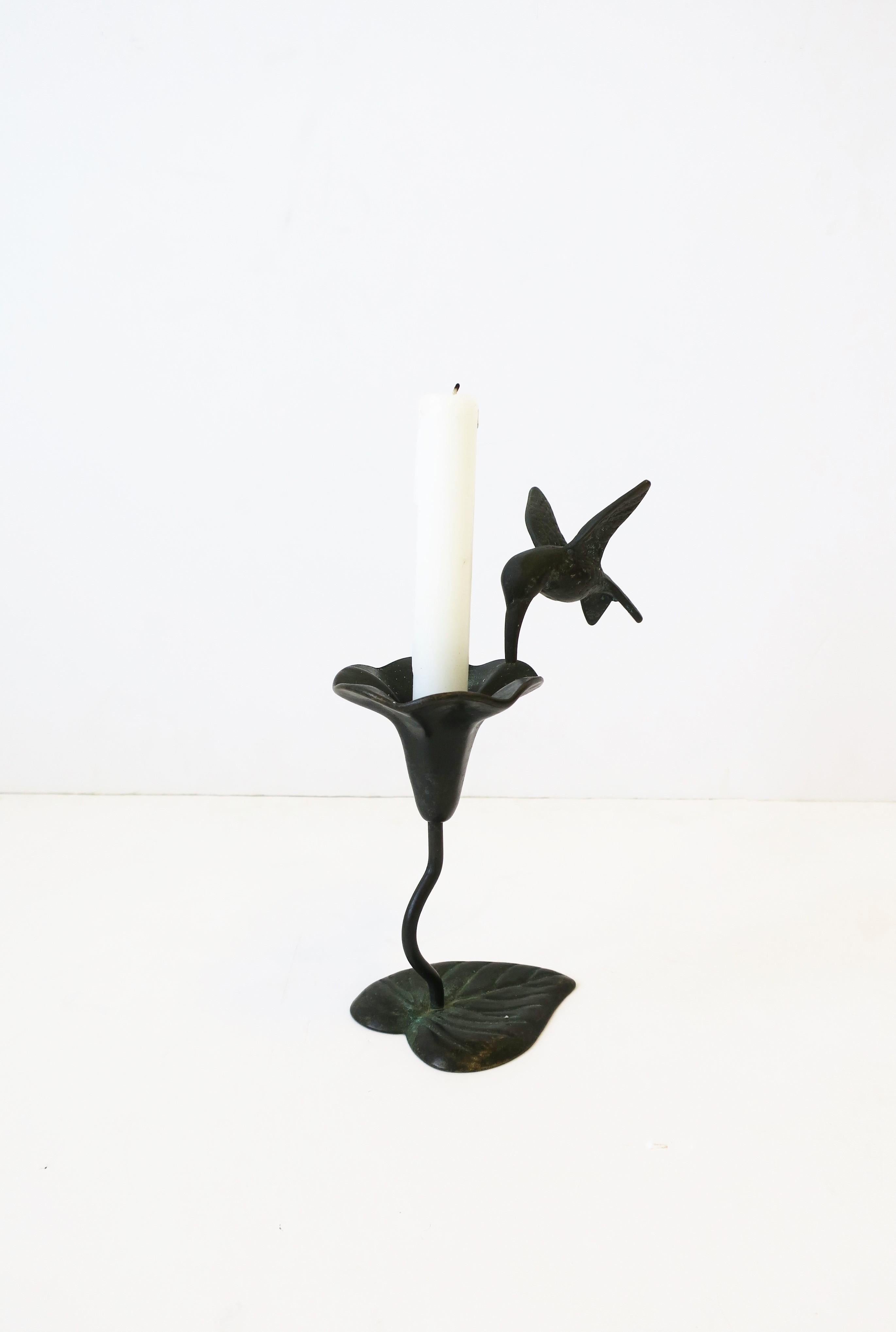 Bronze Art Nouveau Flower with Humming Bird Candlestick Holder 3