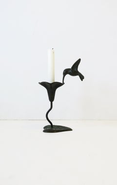 Bronze Art Nouveau Flower with Humming Bird Candlestick Holder